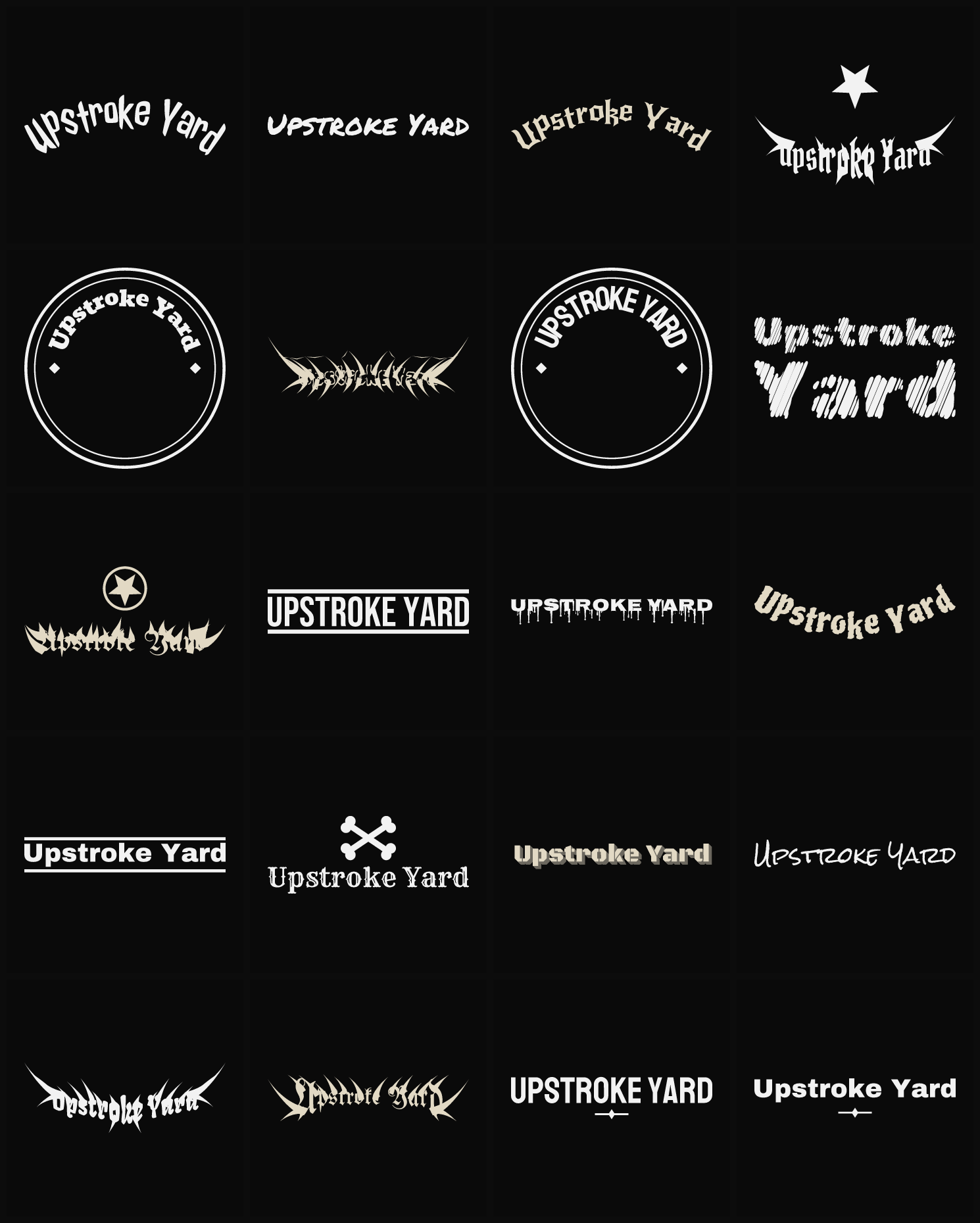Twenty Upstroke Yard band logo ideas — different faces, treatments and spike settings