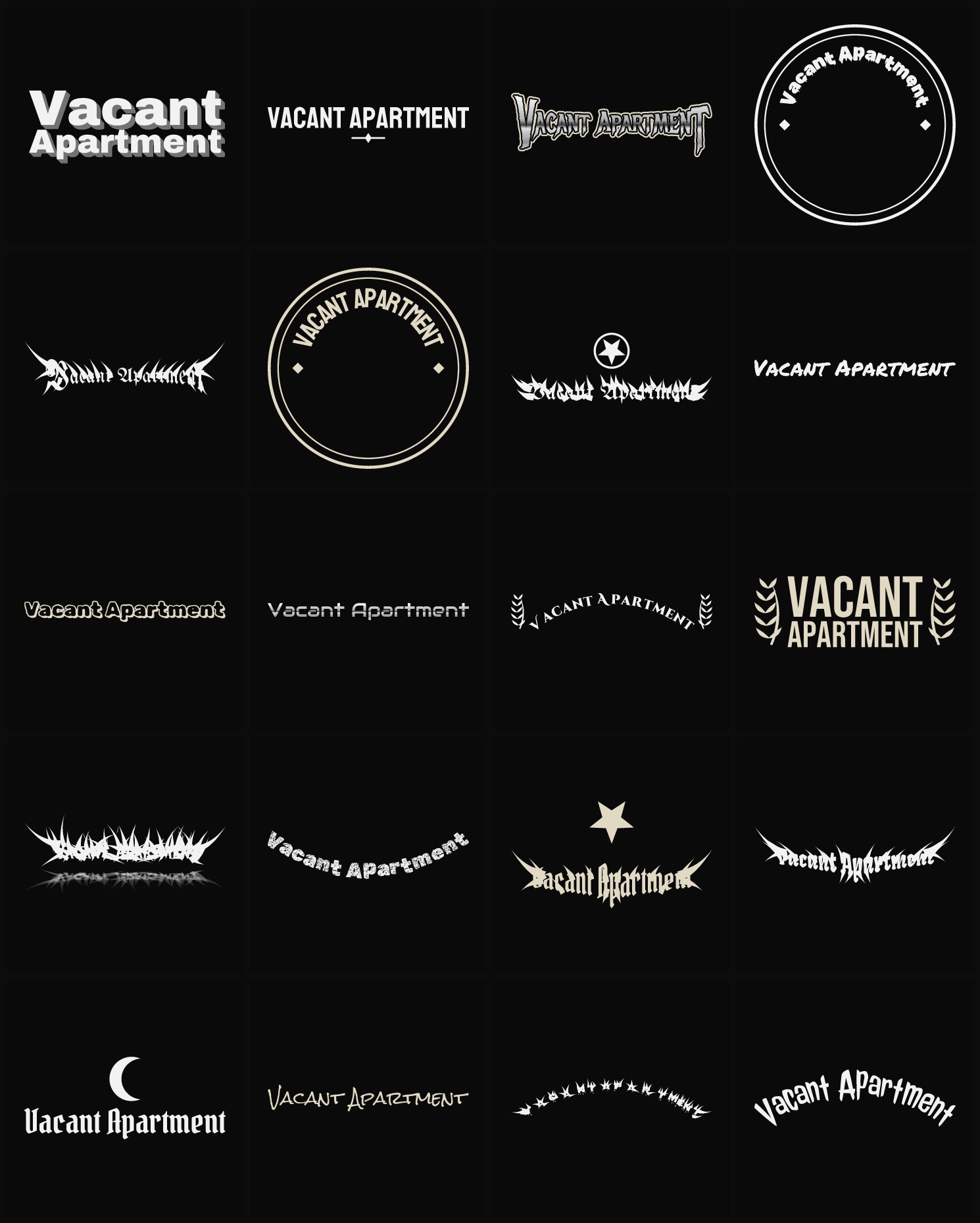 Twenty Vacant Apartment band logo ideas — different faces, treatments and spike settings