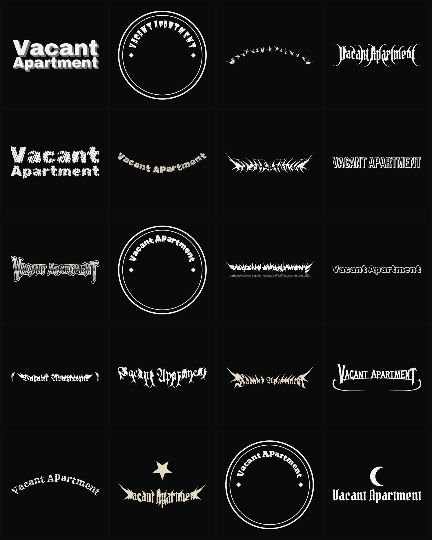 Twenty Vacant Apartment band logo ideas — different faces, treatments and spike settings