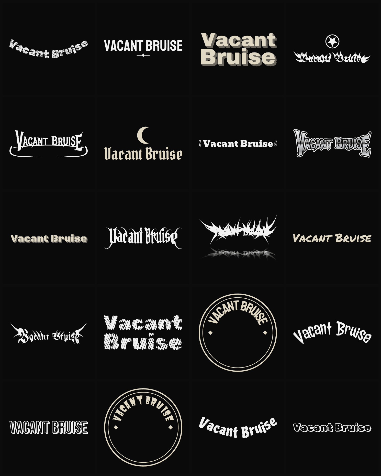 Twenty Vacant Bruise band logo ideas — different faces, treatments and spike settings