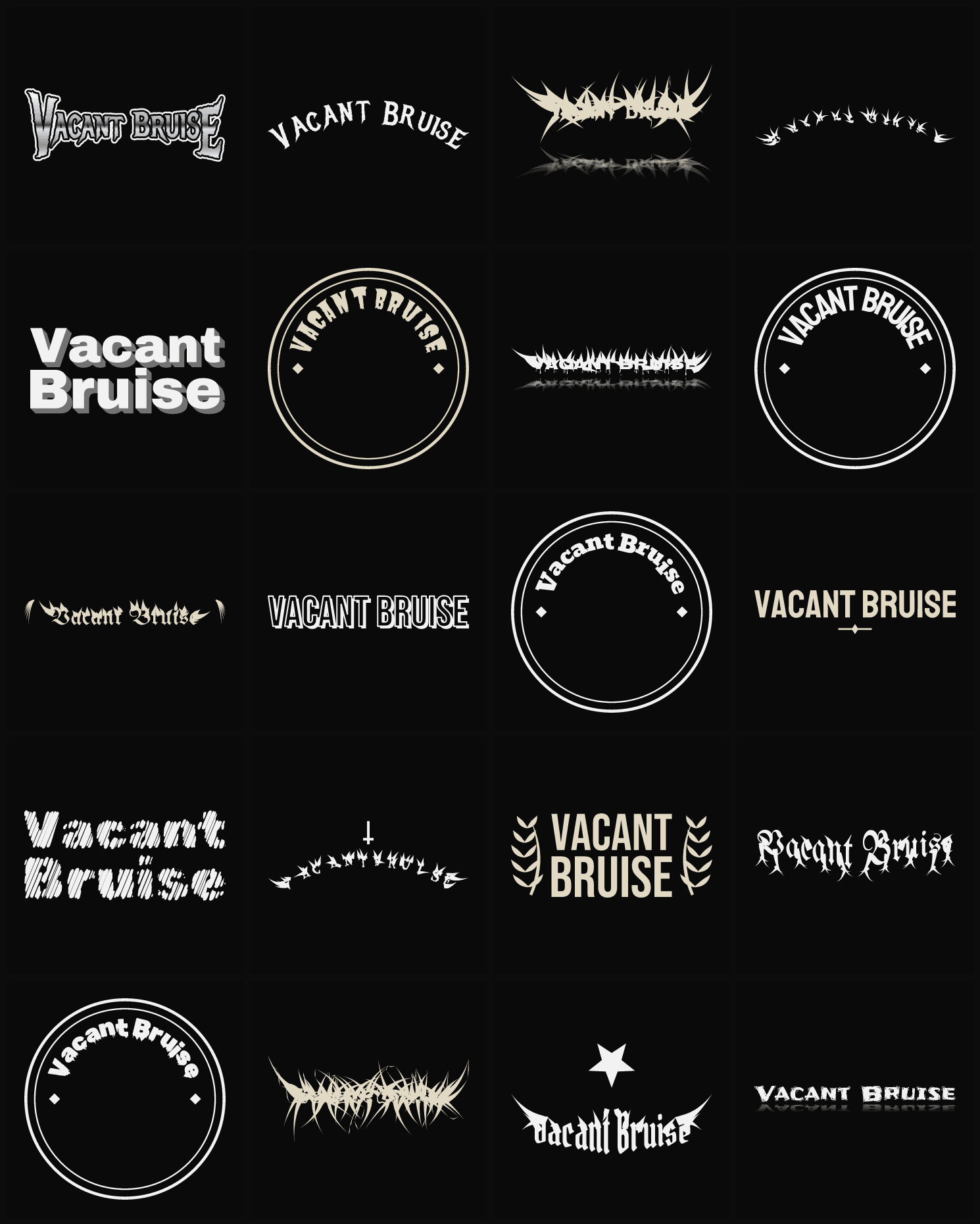 Twenty Vacant Bruise band logo ideas — different faces, treatments and spike settings