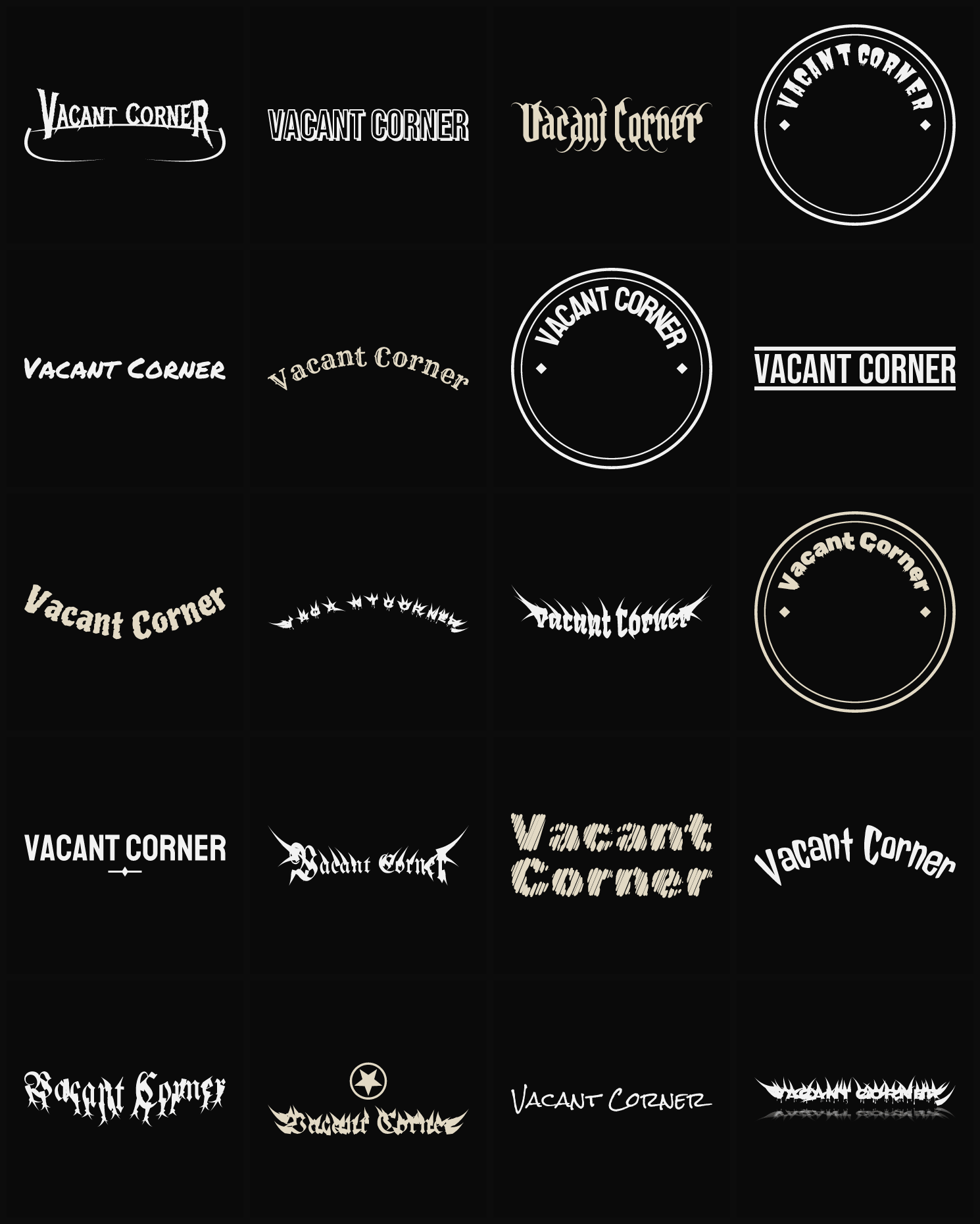 Twenty Vacant Corner band logo ideas — different faces, treatments and spike settings
