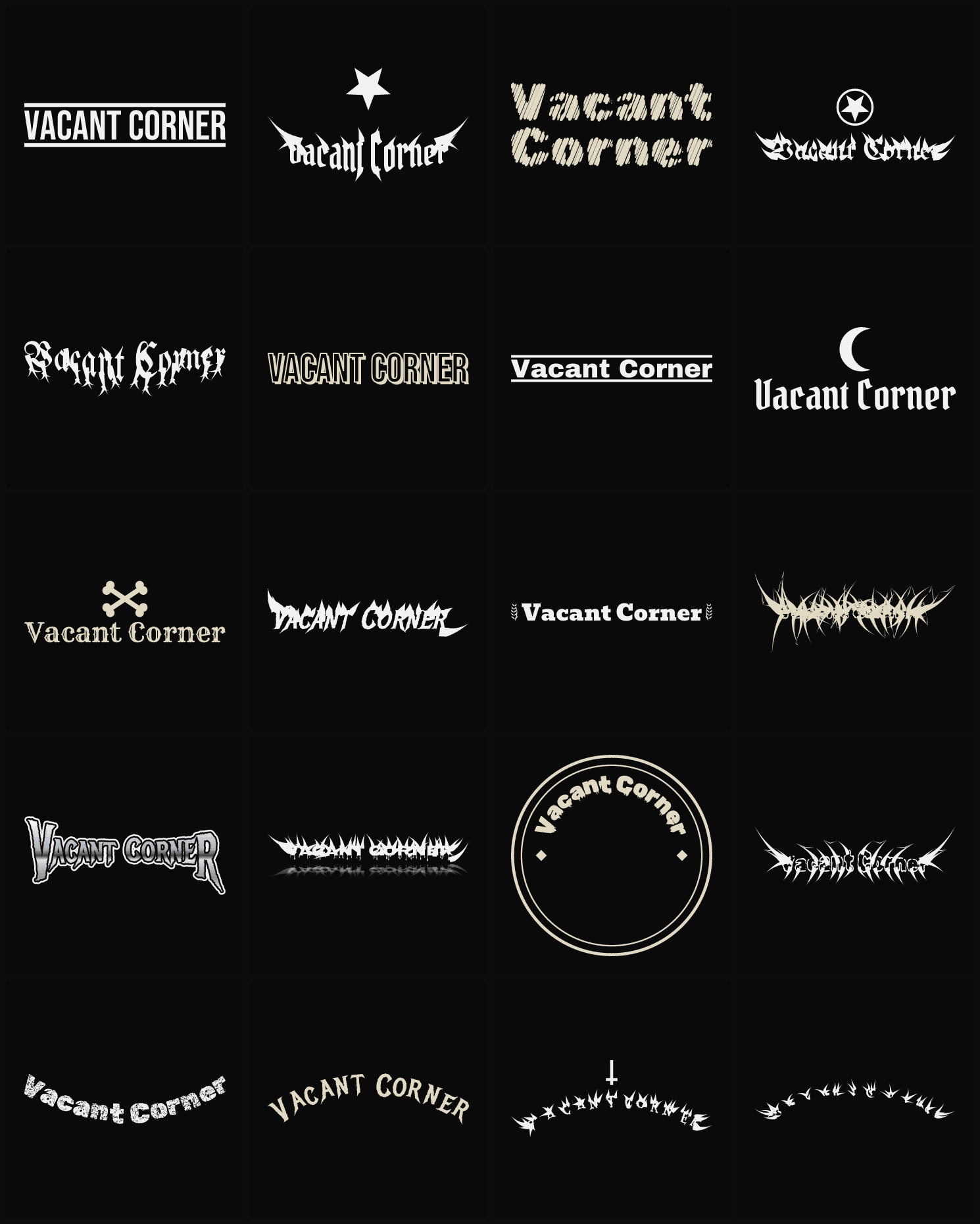 Twenty Vacant Corner band logo ideas — different faces, treatments and spike settings