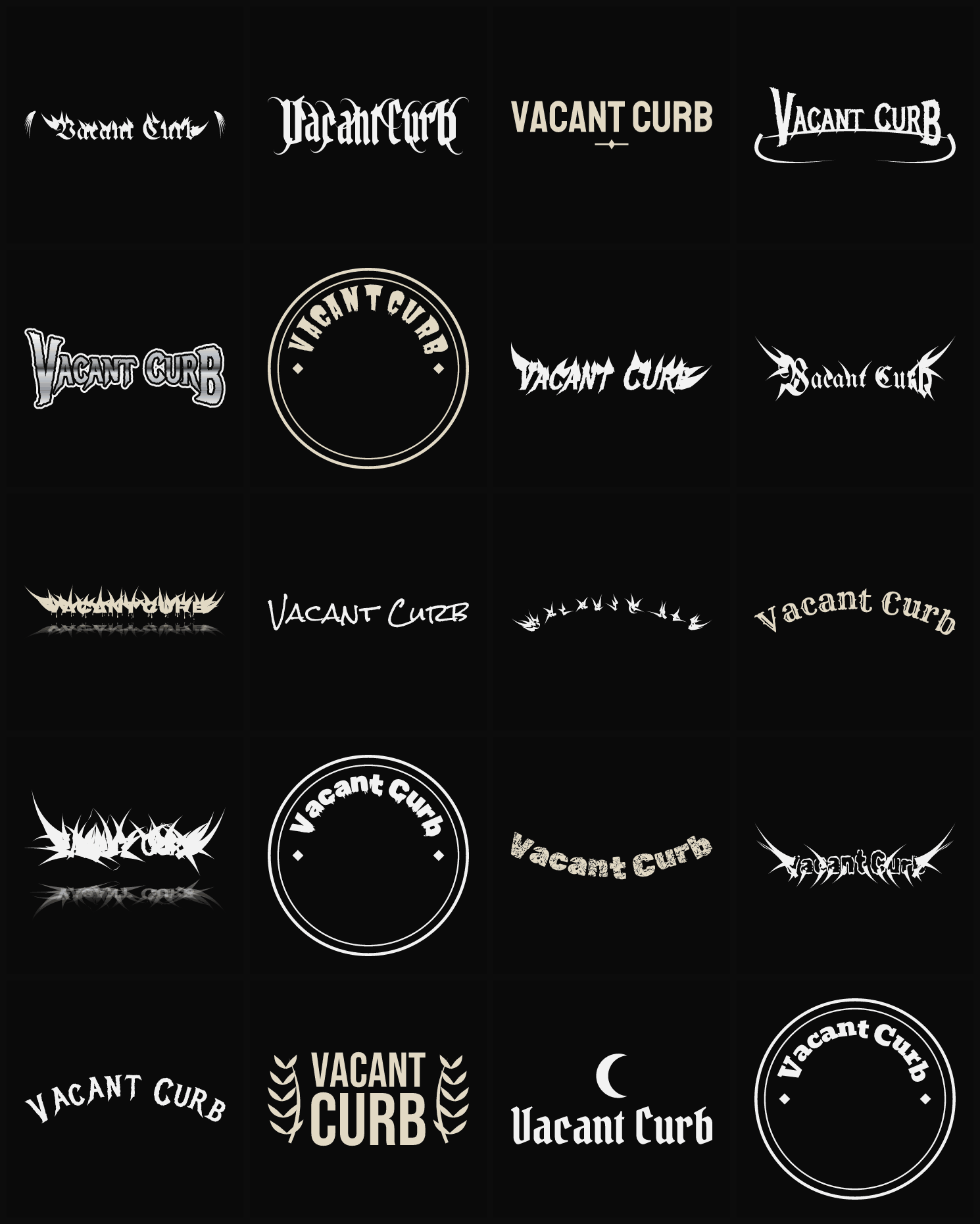 Twenty Vacant Curb band logo ideas — different faces, treatments and spike settings