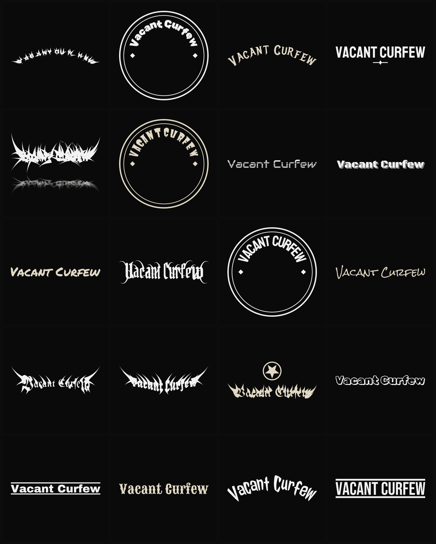 Twenty Vacant Curfew band logo ideas — different faces, treatments and spike settings