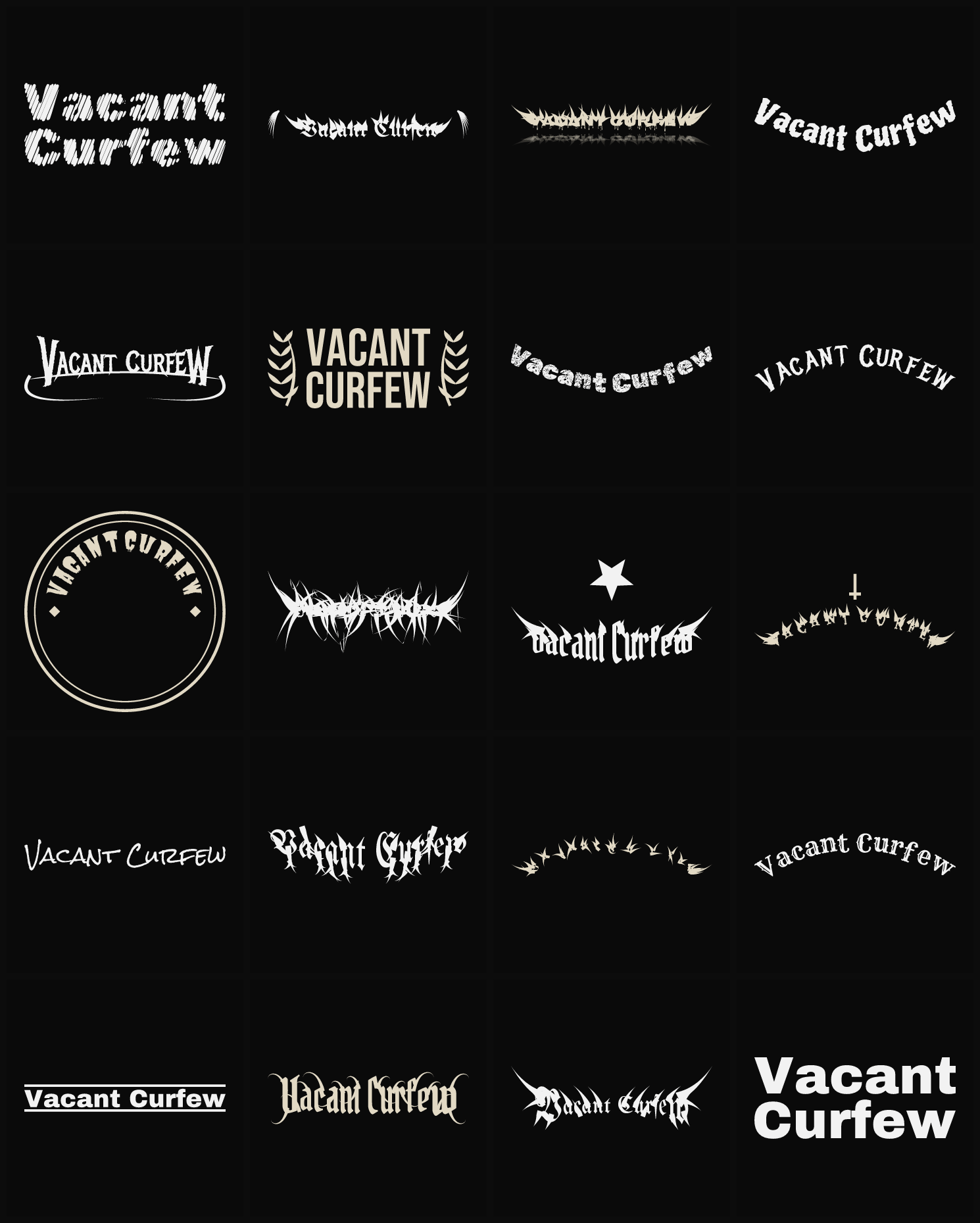 Twenty Vacant Curfew band logo ideas — different faces, treatments and spike settings
