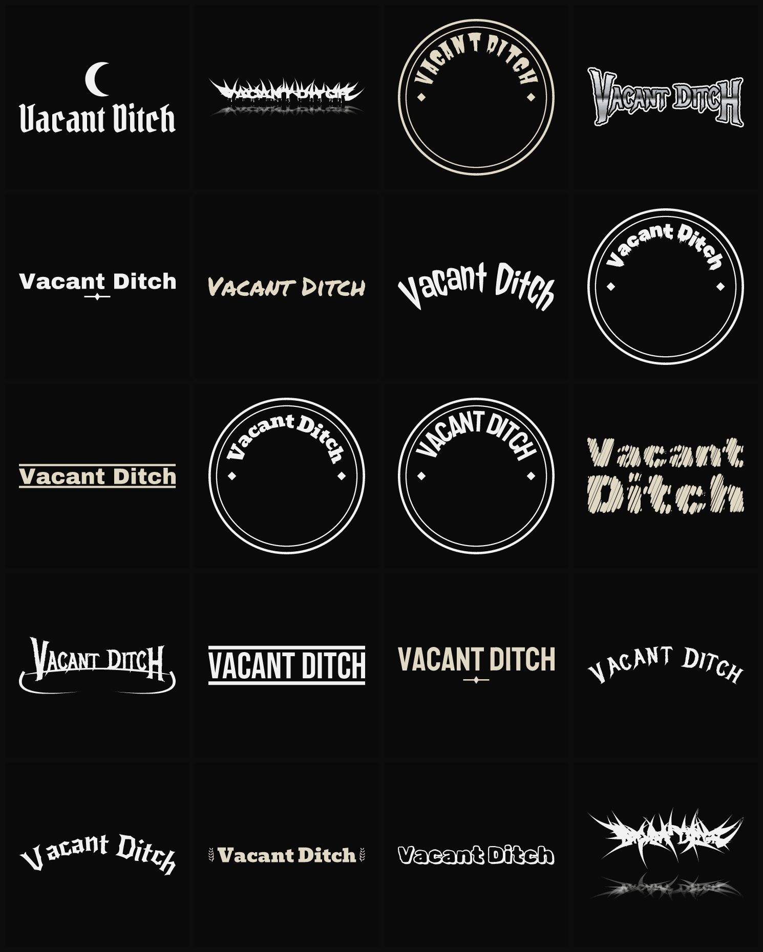 Twenty Vacant Ditch band logo ideas — different faces, treatments and spike settings