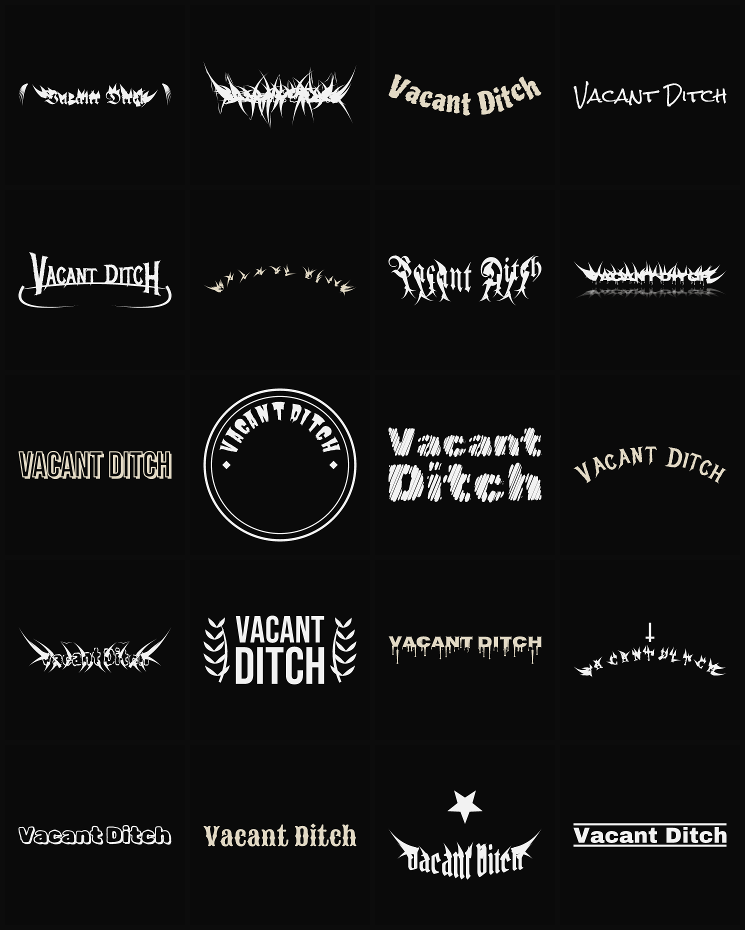 Twenty Vacant Ditch band logo ideas — different faces, treatments and spike settings
