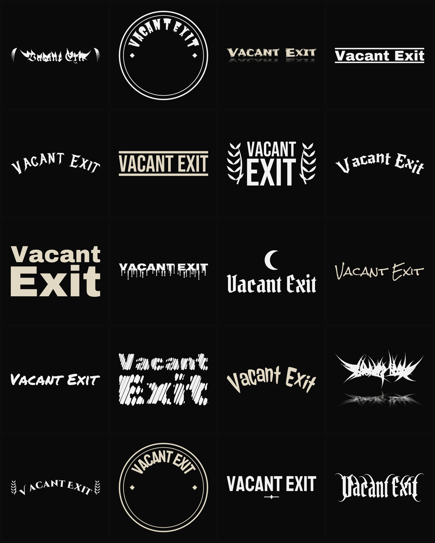 Twenty Vacant Exit band logo ideas — different faces, treatments and spike settings
