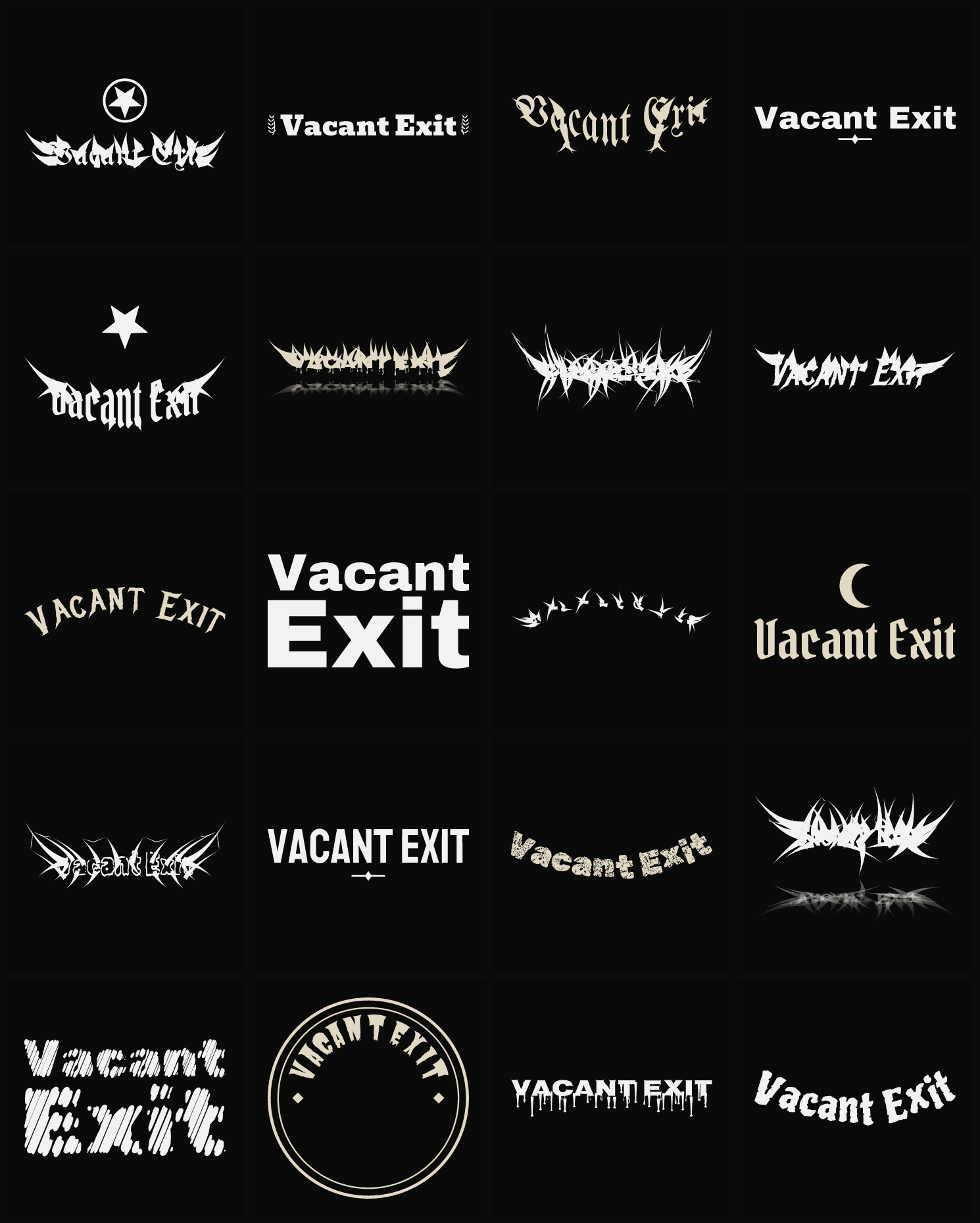 Twenty Vacant Exit band logo ideas — different faces, treatments and spike settings