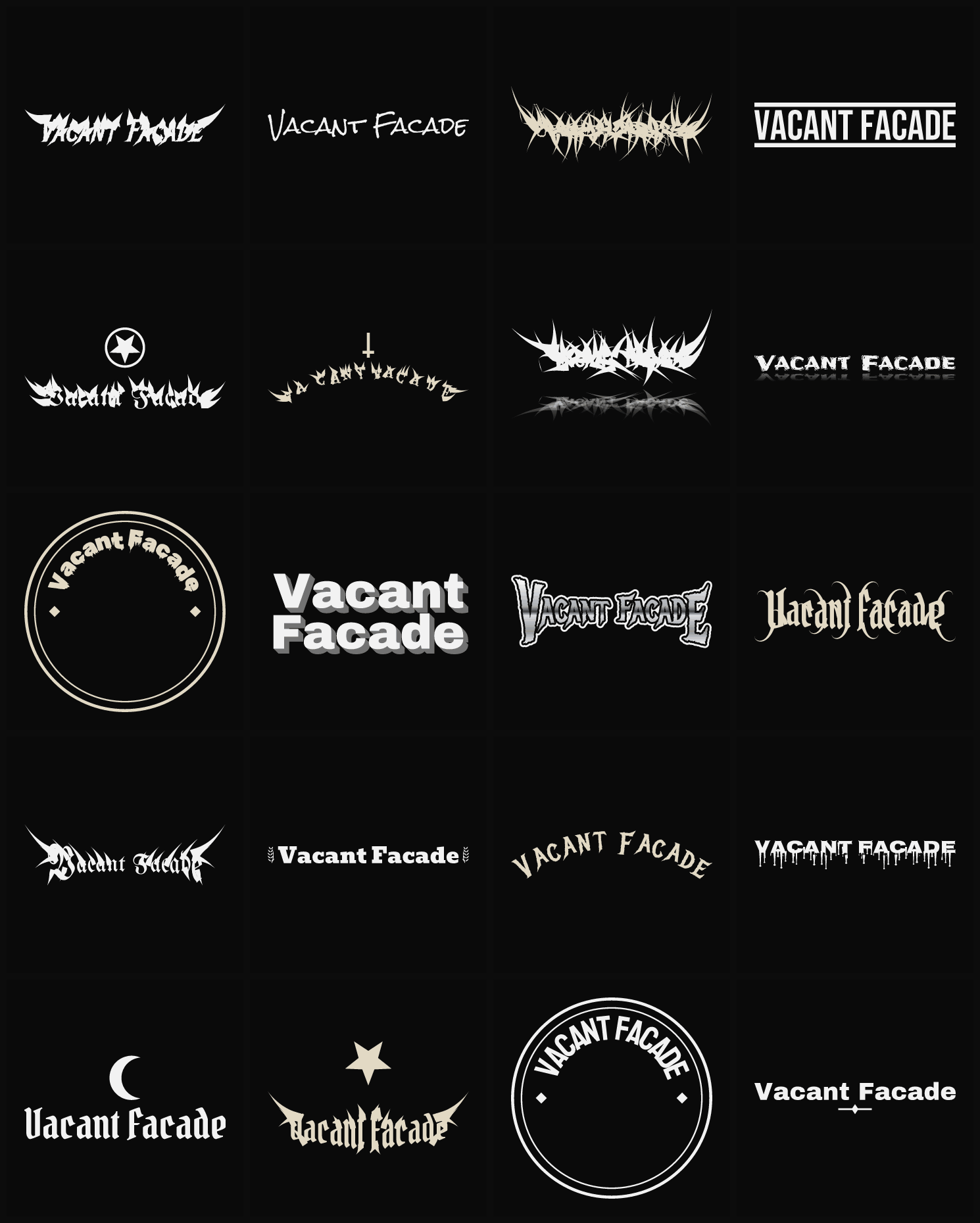 Twenty Vacant Facade band logo ideas — different faces, treatments and spike settings