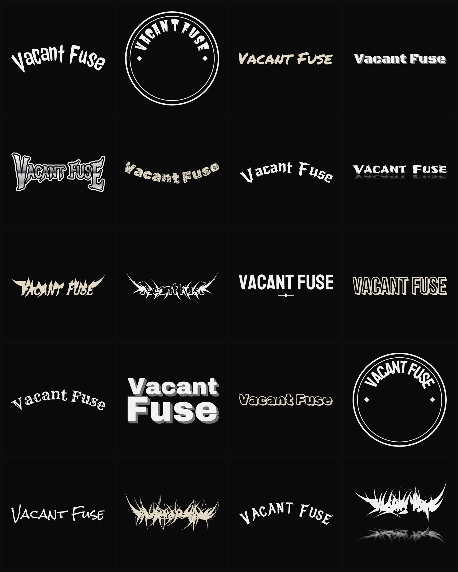 Twenty Vacant Fuse band logo ideas — different faces, treatments and spike settings