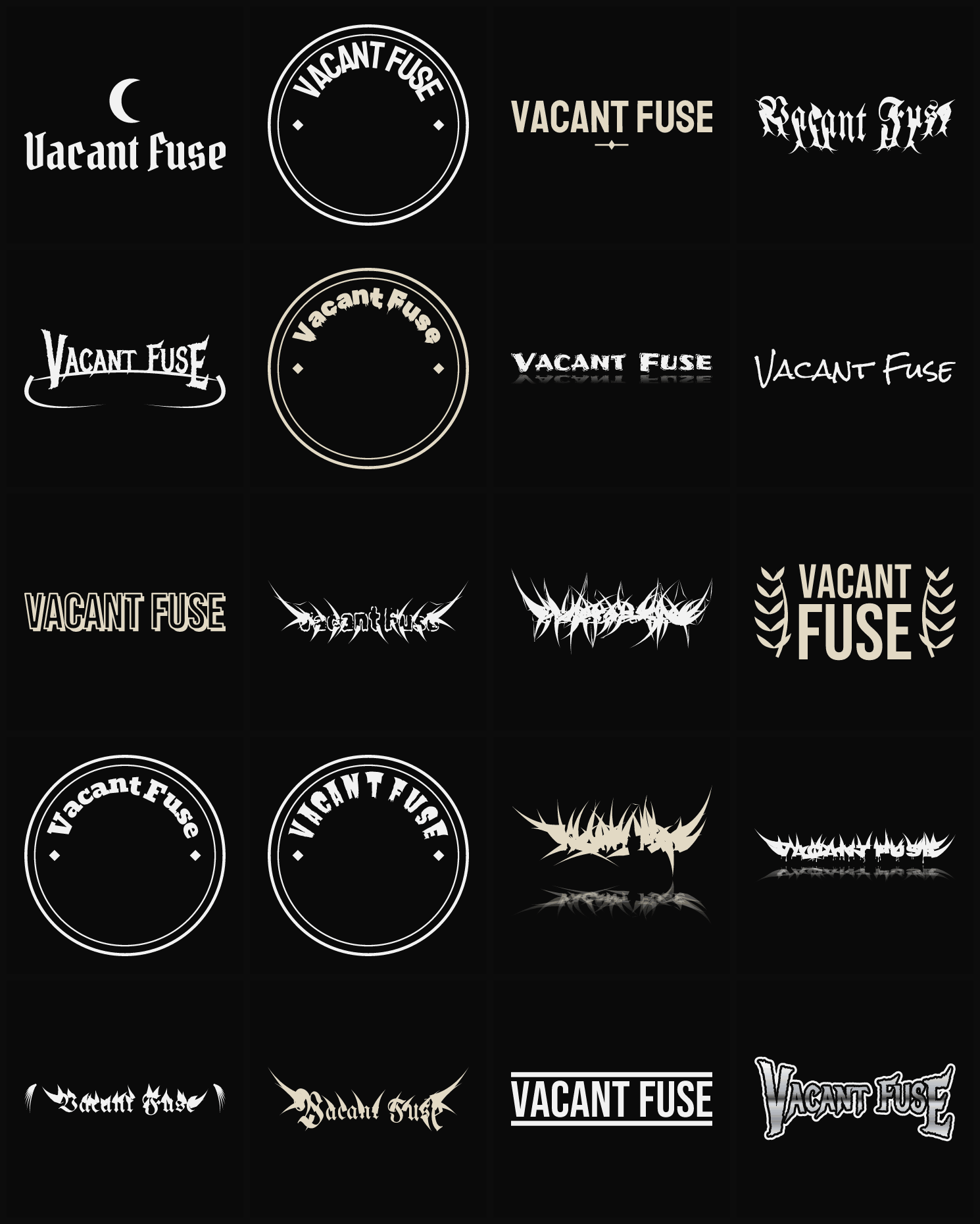Twenty Vacant Fuse band logo ideas — different faces, treatments and spike settings