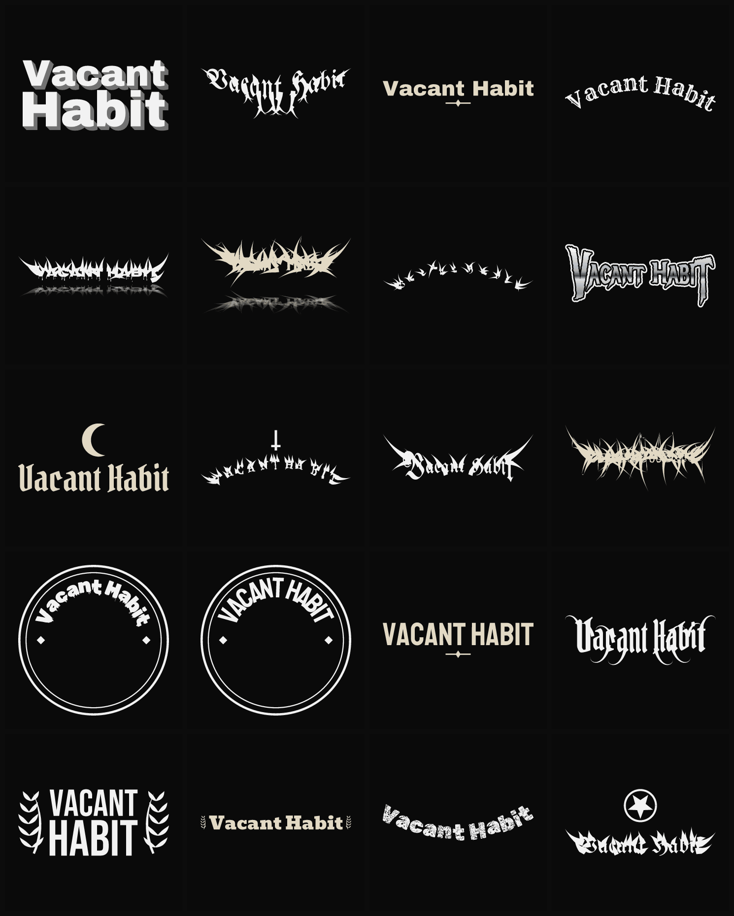 Twenty Vacant Habit band logo ideas — different faces, treatments and spike settings