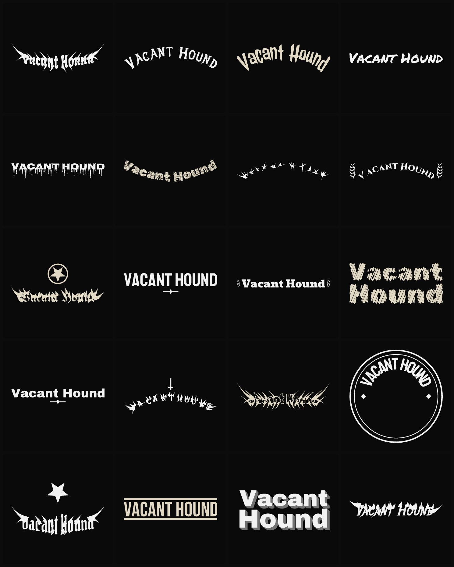 Twenty Vacant Hound band logo ideas — different faces, treatments and spike settings
