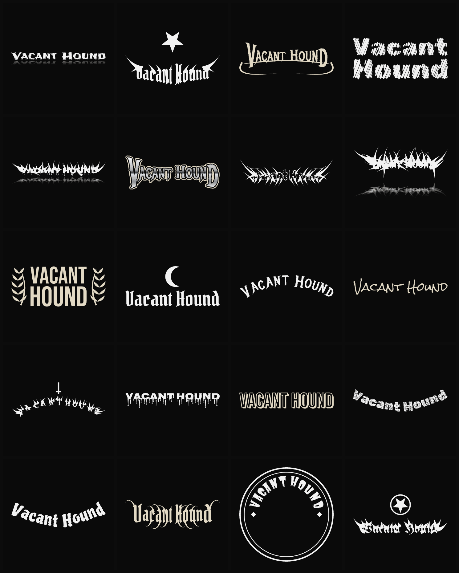 Twenty Vacant Hound band logo ideas — different faces, treatments and spike settings