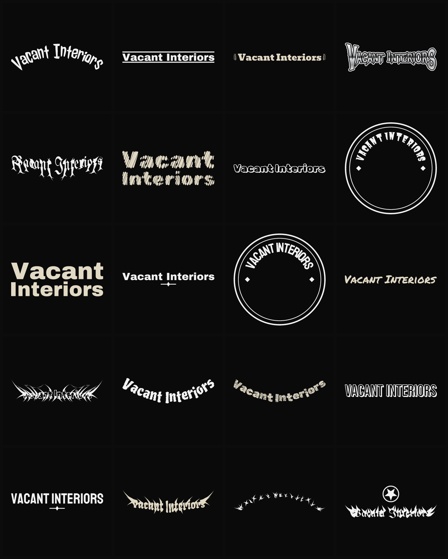 Twenty Vacant Interiors band logo ideas — different faces, treatments and spike settings