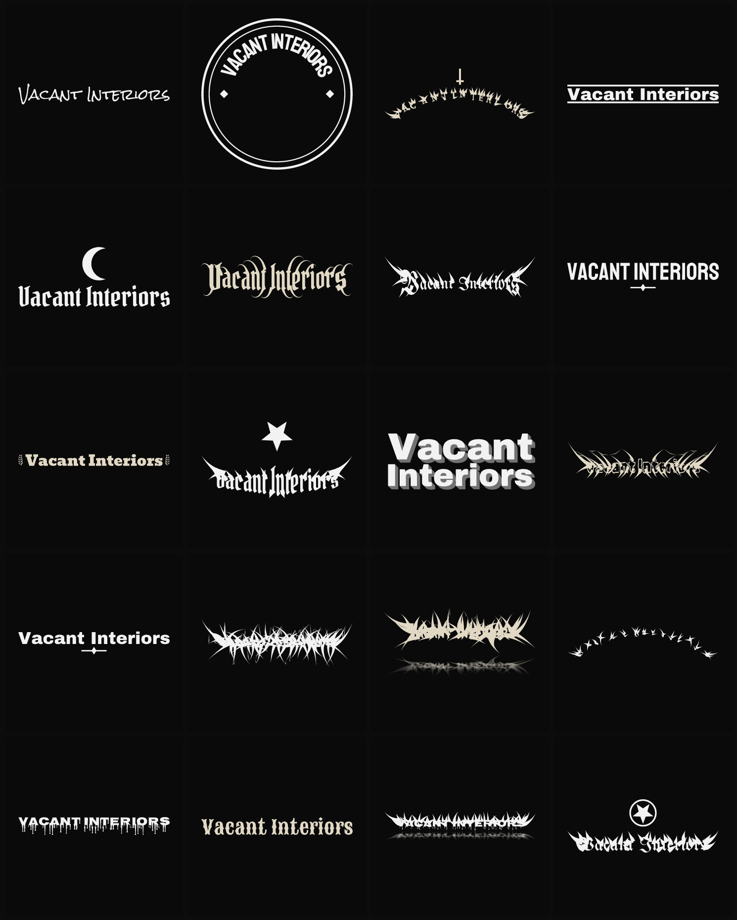 Twenty Vacant Interiors band logo ideas — different faces, treatments and spike settings