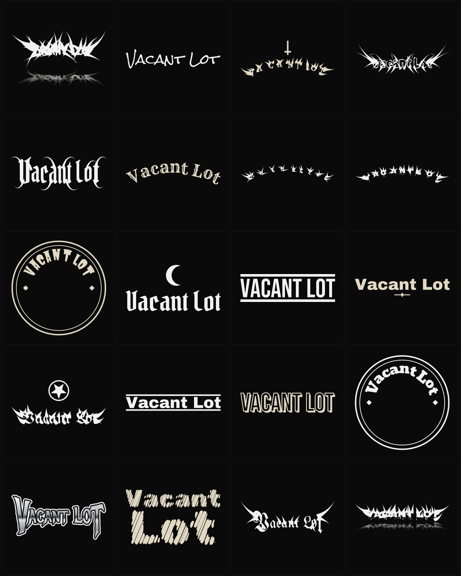 Twenty Vacant Lot band logo ideas — different faces, treatments and spike settings