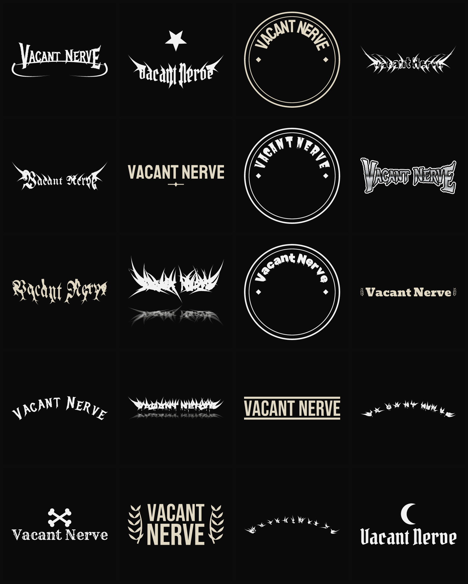 Twenty Vacant Nerve band logo ideas — different faces, treatments and spike settings