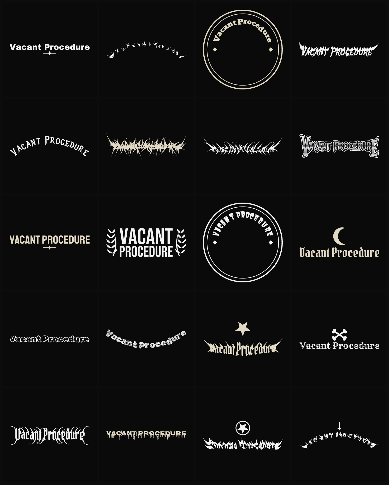 Twenty Vacant Procedure band logo ideas — different faces, treatments and spike settings