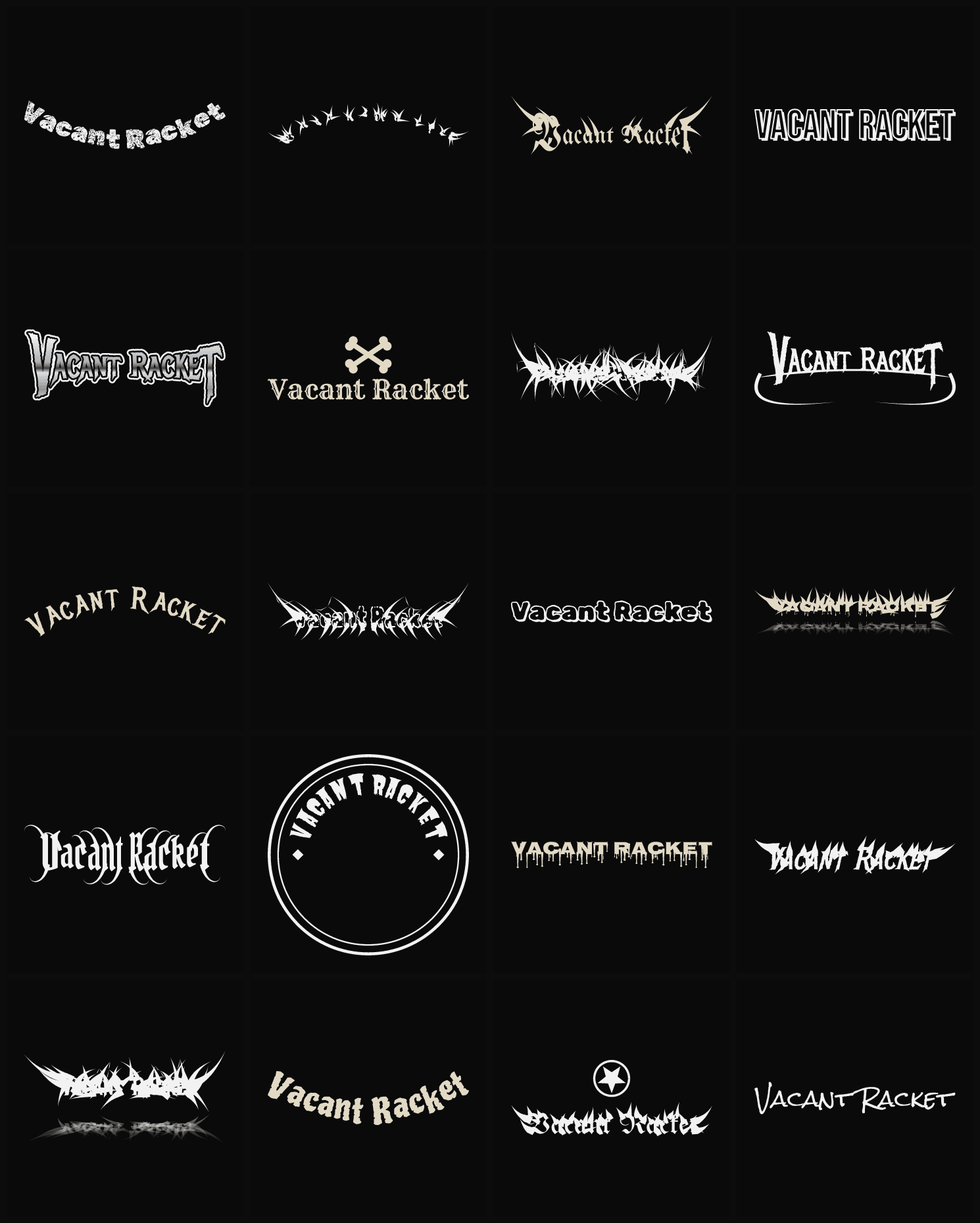 Twenty Vacant Racket band logo ideas — different faces, treatments and spike settings