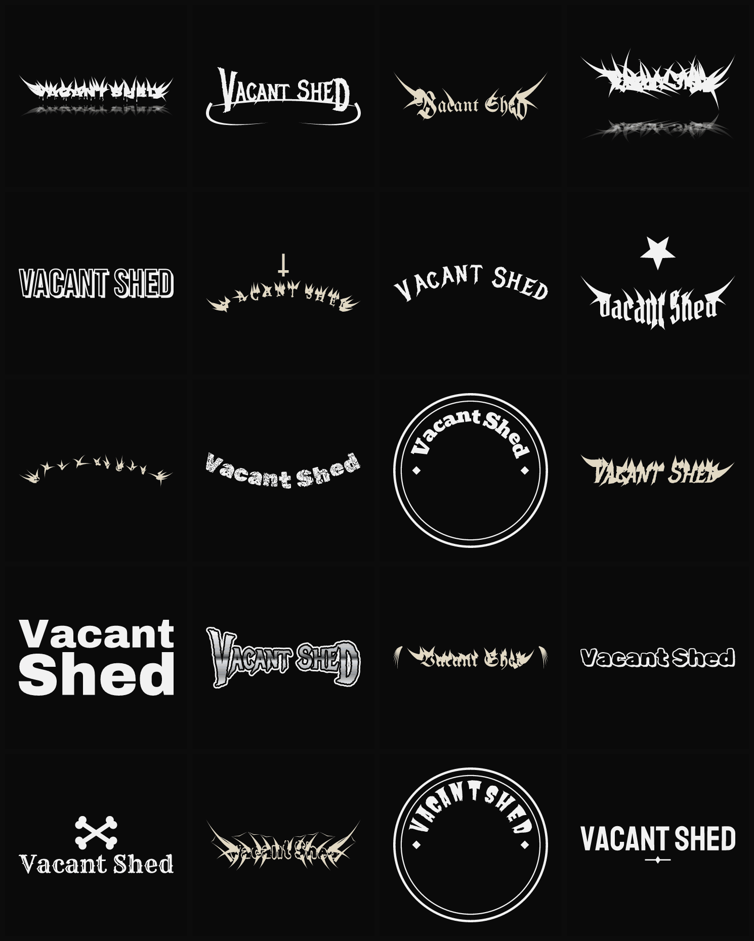 Twenty Vacant Shed band logo ideas — different faces, treatments and spike settings