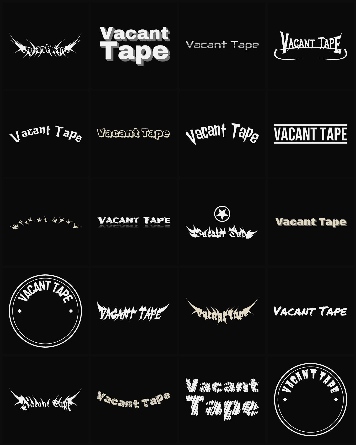 Twenty Vacant Tape band logo ideas — different faces, treatments and spike settings