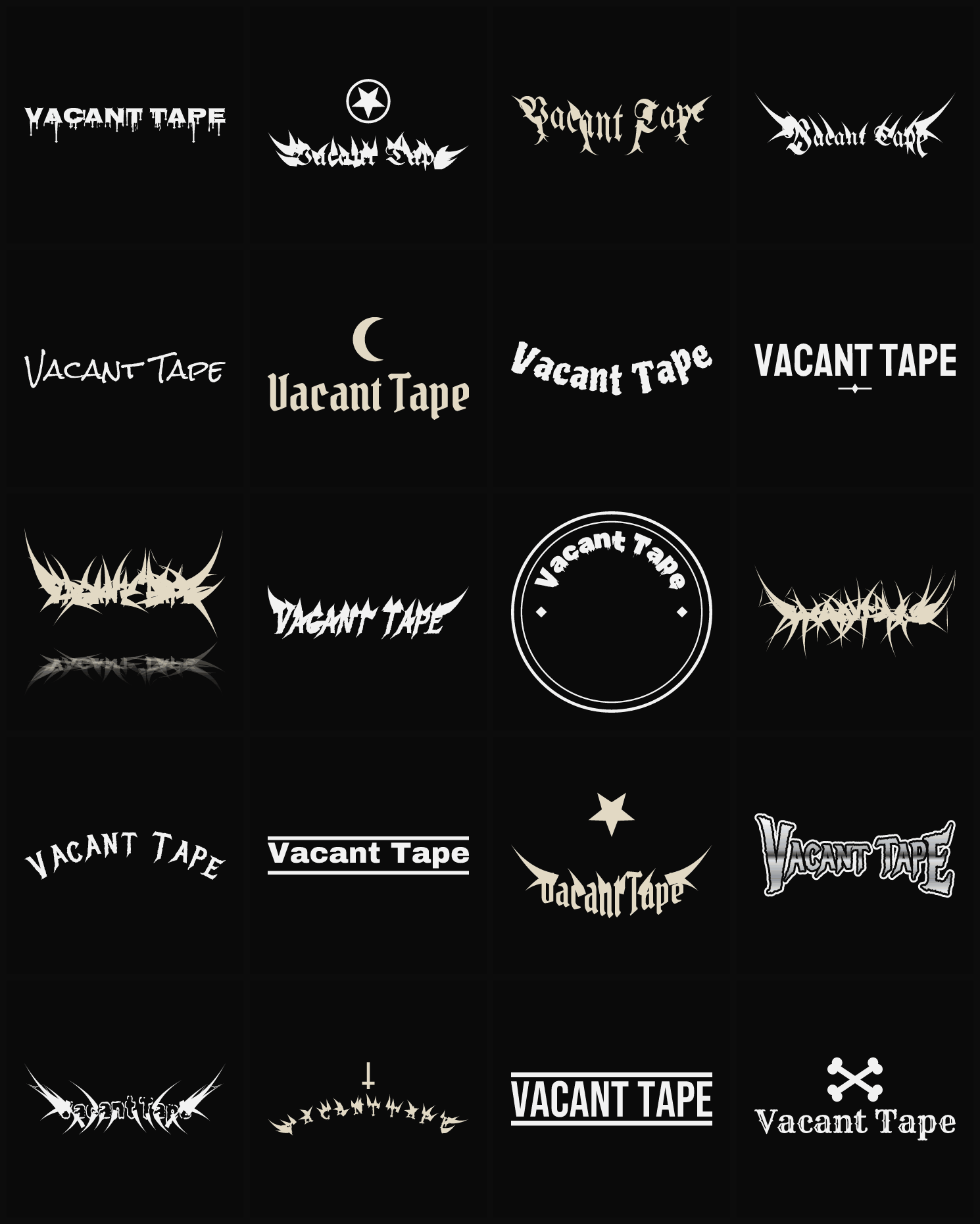 Twenty Vacant Tape band logo ideas — different faces, treatments and spike settings