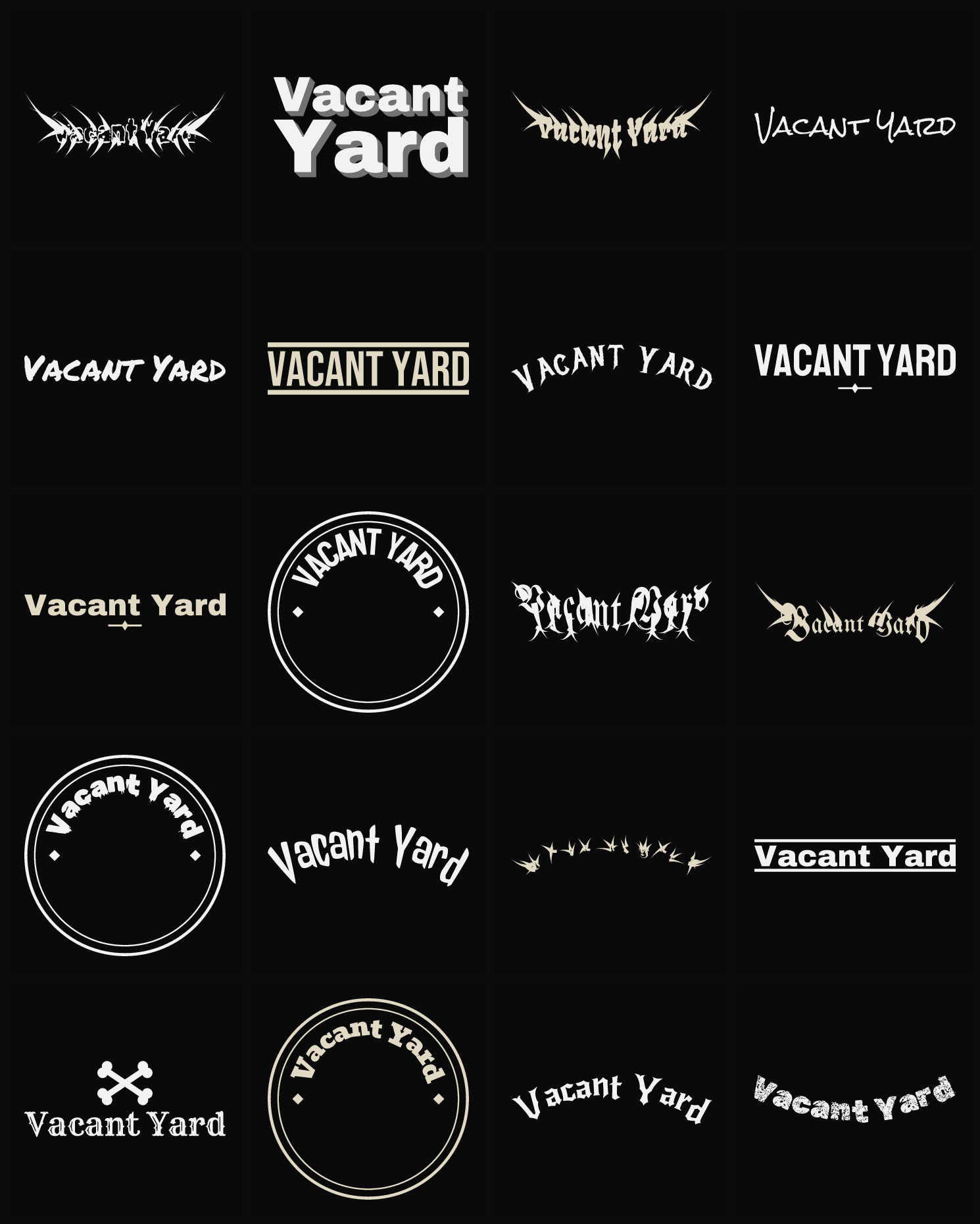 Twenty Vacant Yard band logo ideas — different faces, treatments and spike settings