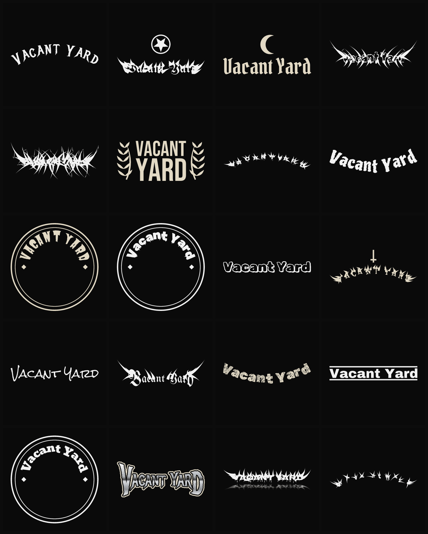 Twenty Vacant Yard band logo ideas — different faces, treatments and spike settings