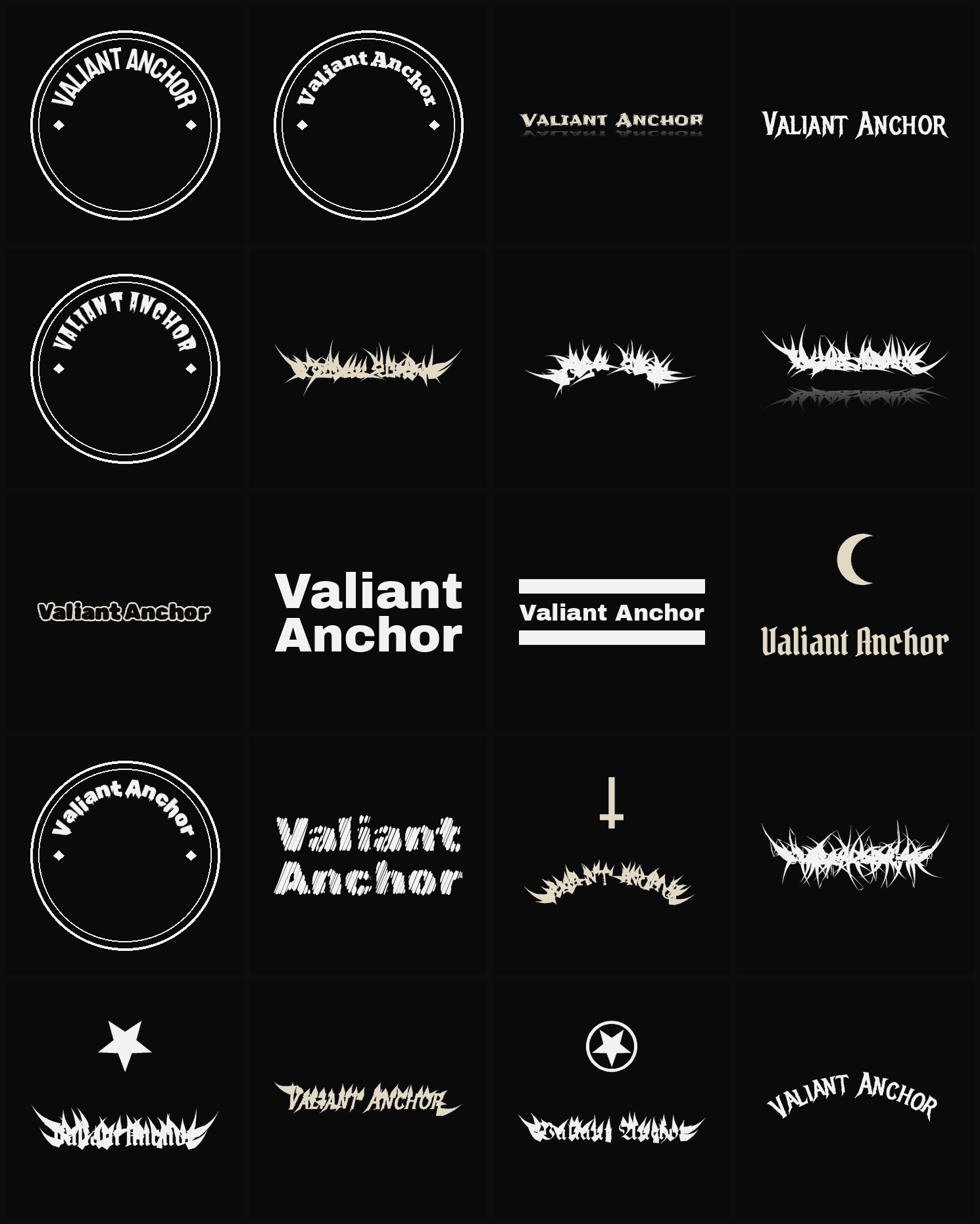 Twenty Valiant Anchor band logo ideas — different faces, treatments and spike settings