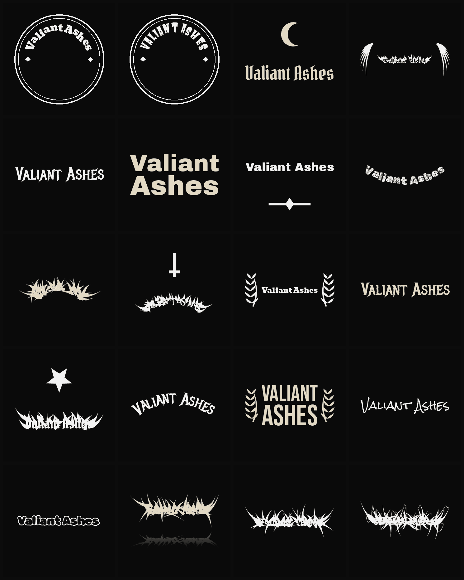 Twenty Valiant Ashes band logo ideas — different faces, treatments and spike settings