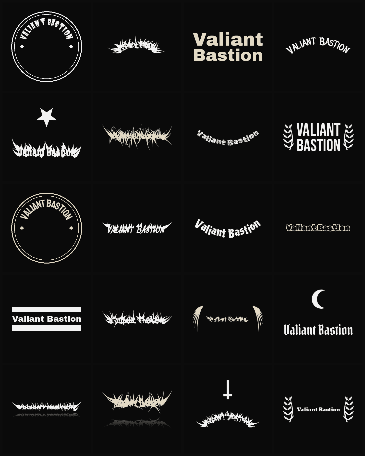 Twenty Valiant Bastion band logo ideas — different faces, treatments and spike settings