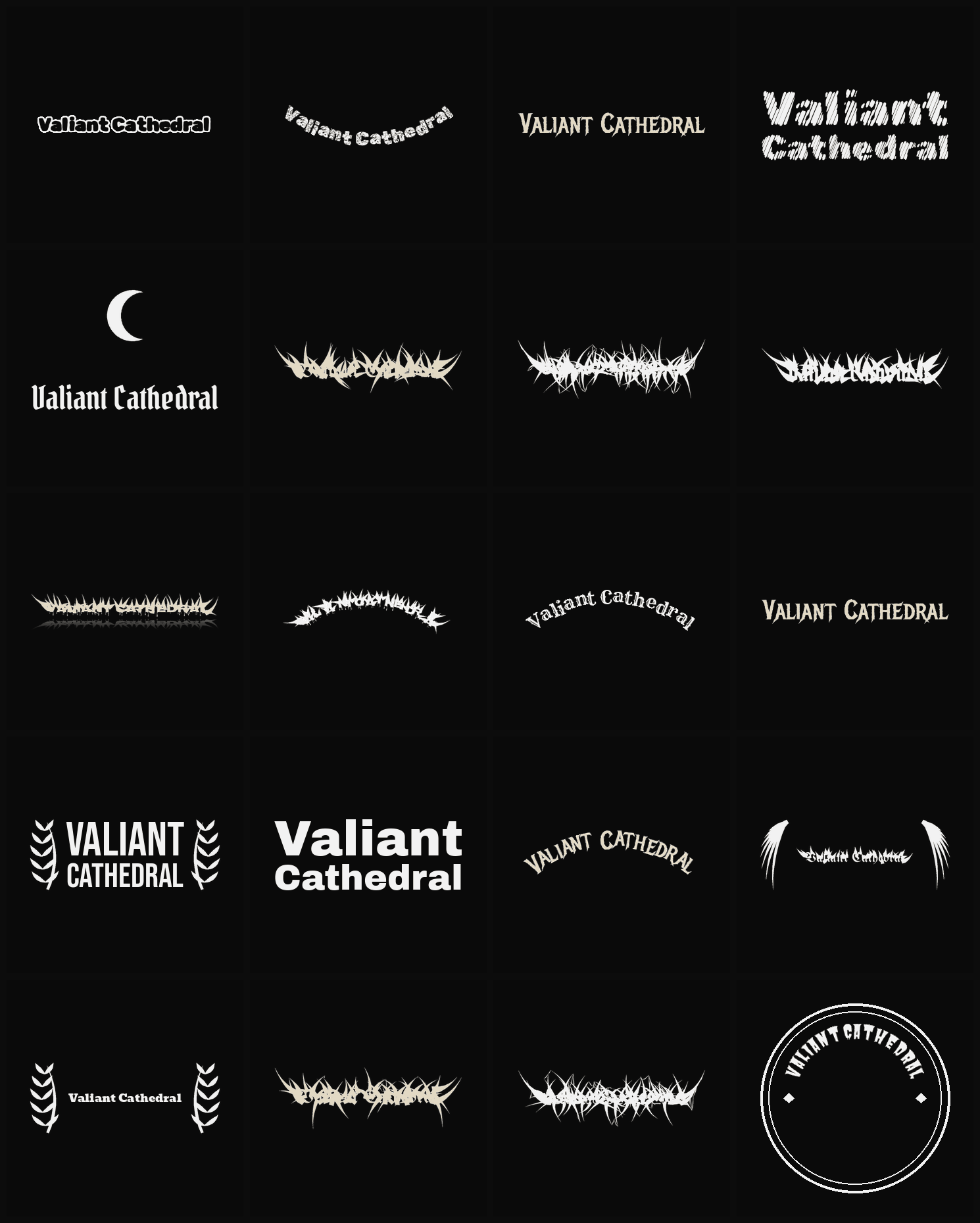 Twenty Valiant Cathedral band logo ideas — different faces, treatments and spike settings