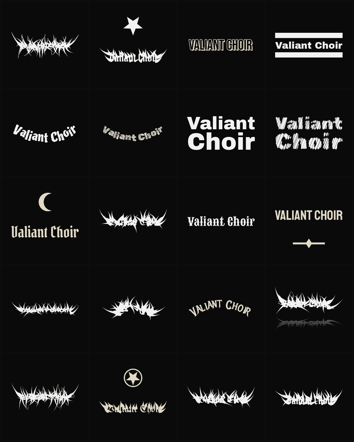 Twenty Valiant Choir band logo ideas — different faces, treatments and spike settings