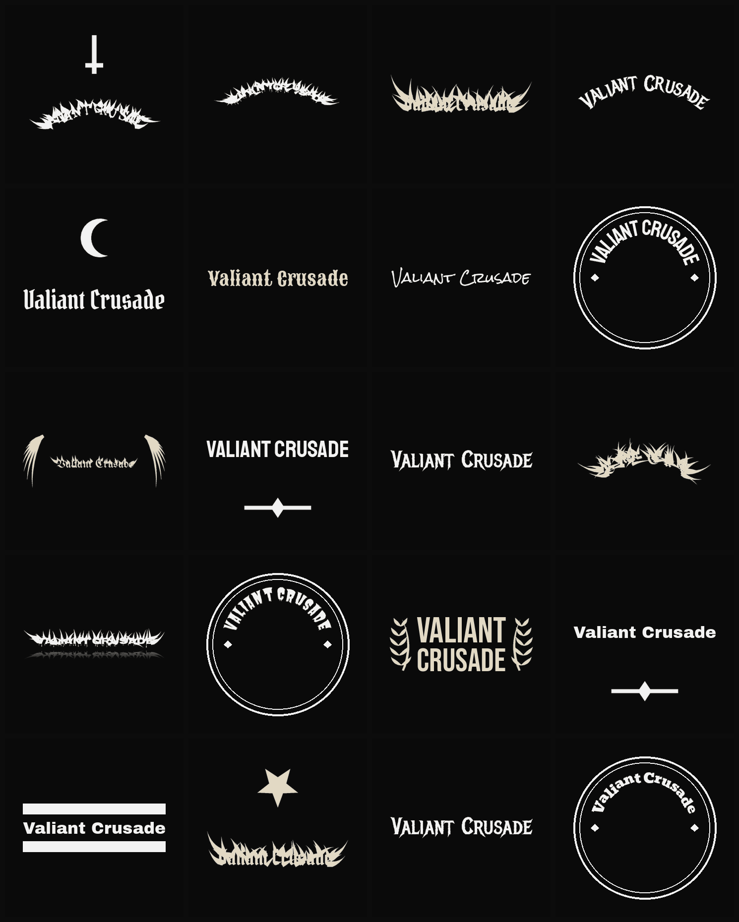 Twenty Valiant Crusade band logo ideas — different faces, treatments and spike settings