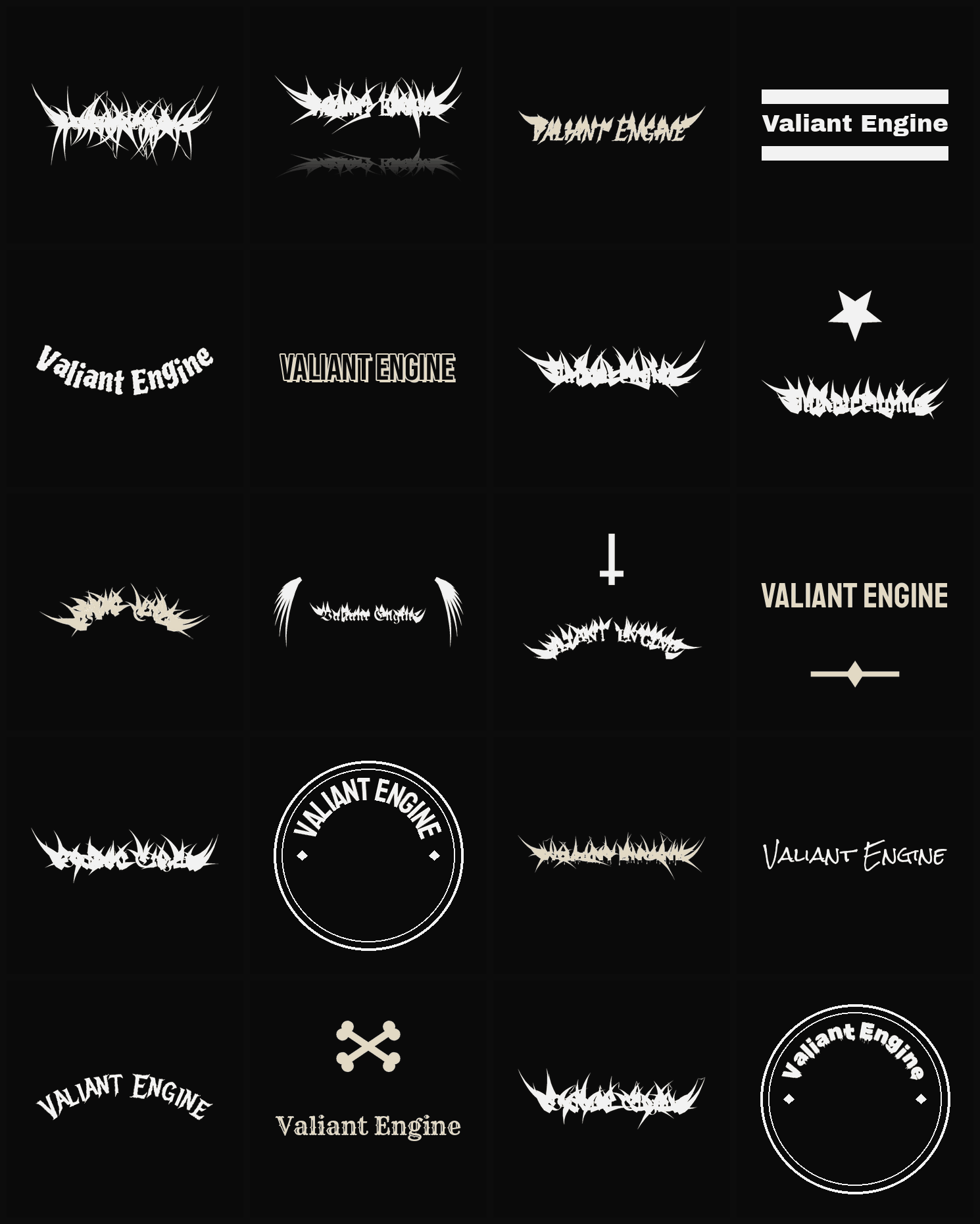 Twenty Valiant Engine band logo ideas — different faces, treatments and spike settings