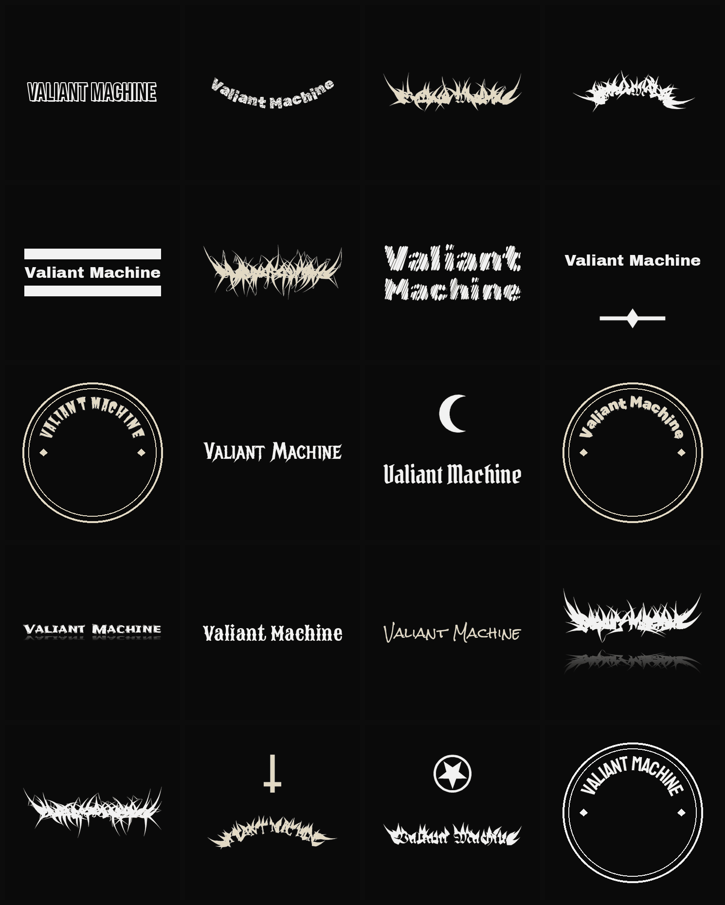 Twenty Valiant Machine band logo ideas — different faces, treatments and spike settings