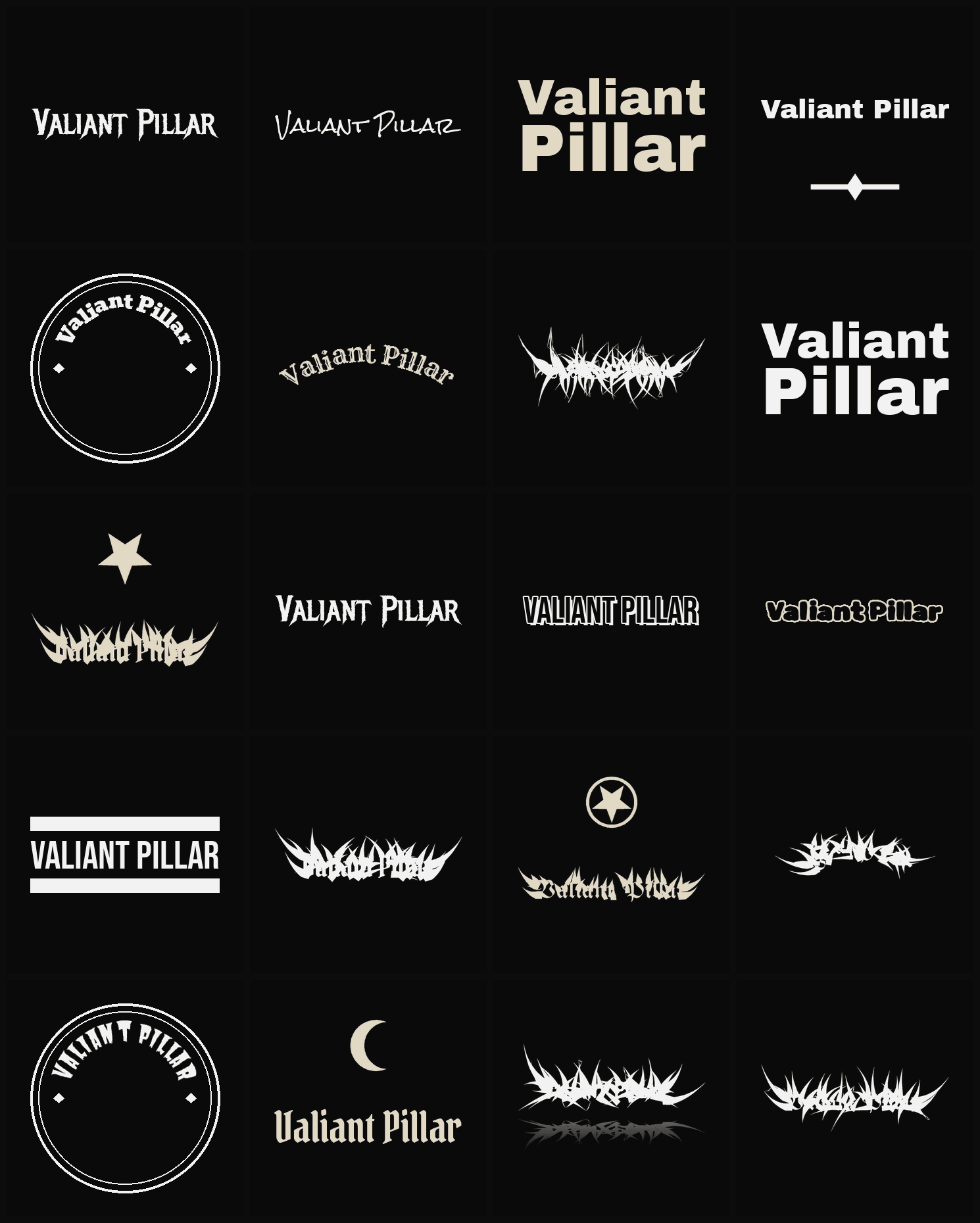 Twenty Valiant Pillar band logo ideas — different faces, treatments and spike settings