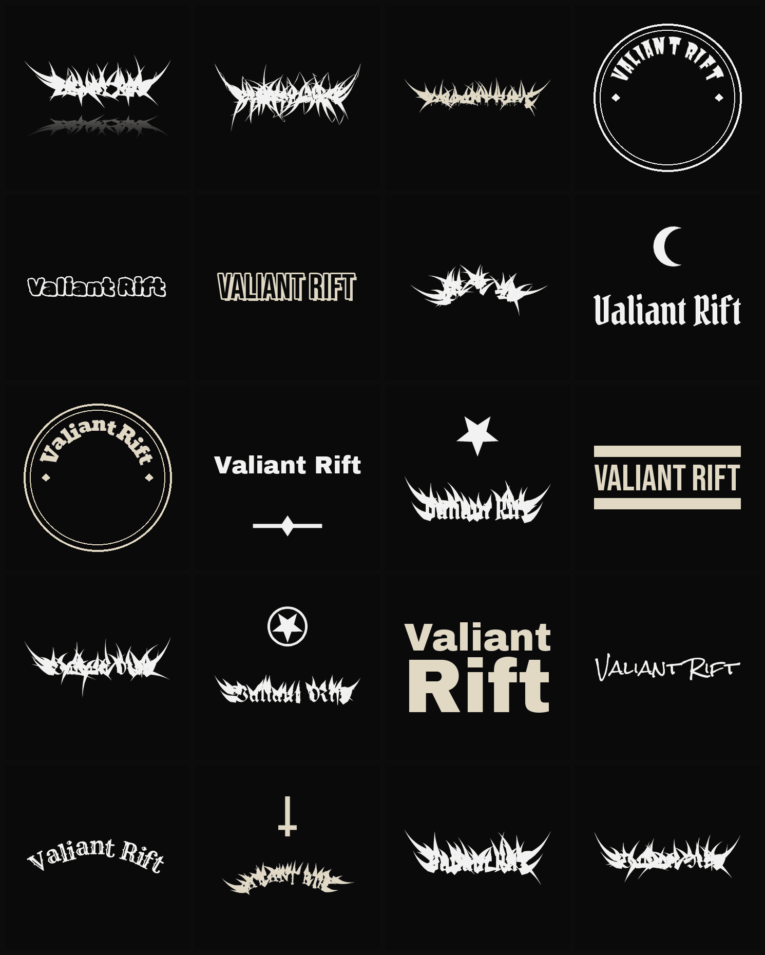 Twenty Valiant Rift band logo ideas — different faces, treatments and spike settings