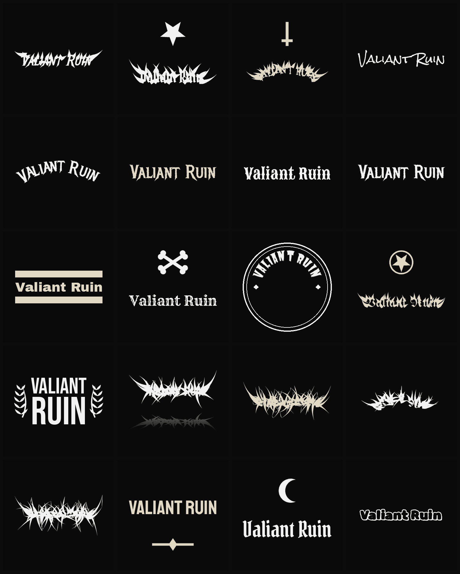 Twenty Valiant Ruin band logo ideas — different faces, treatments and spike settings