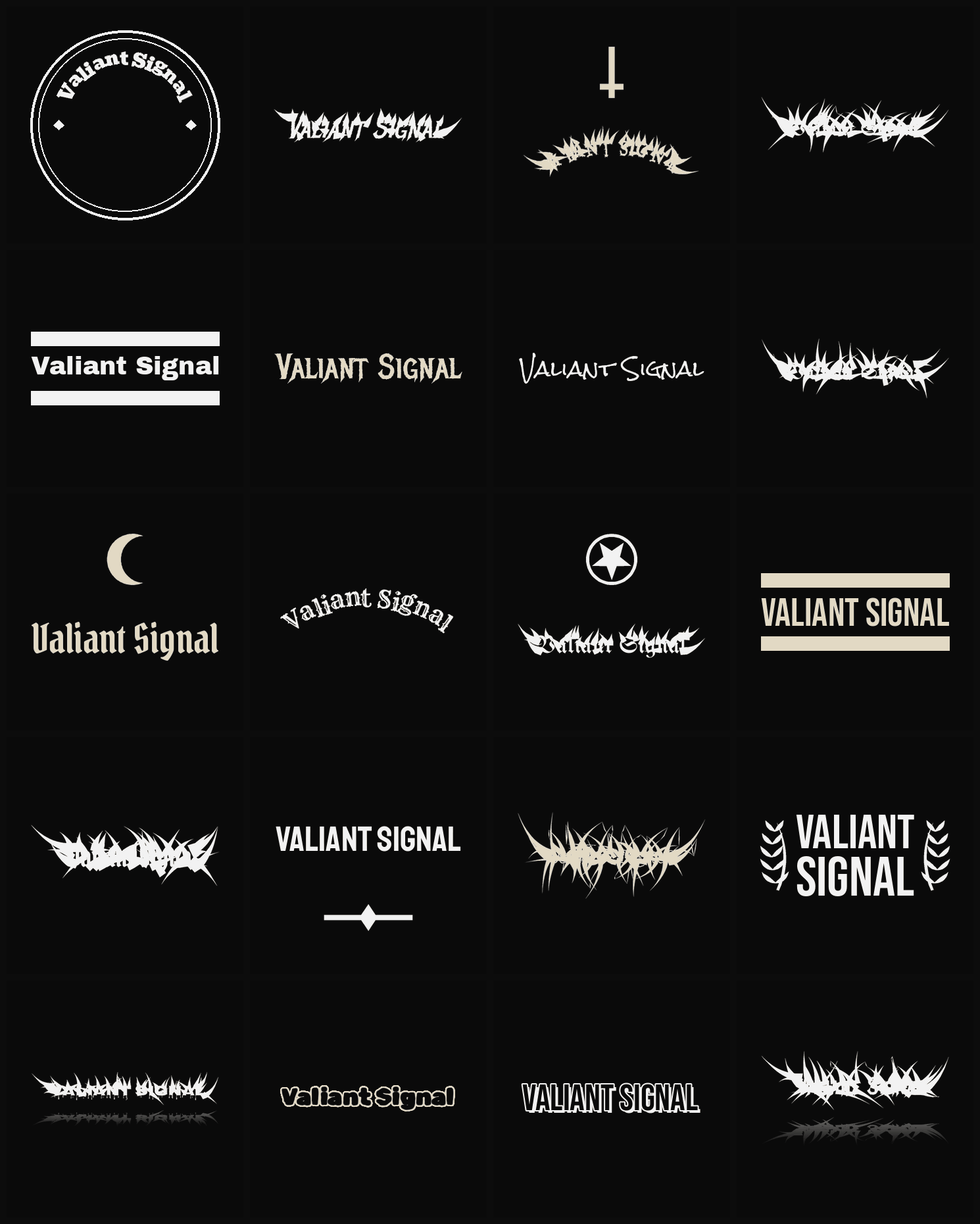 Twenty Valiant Signal band logo ideas — different faces, treatments and spike settings