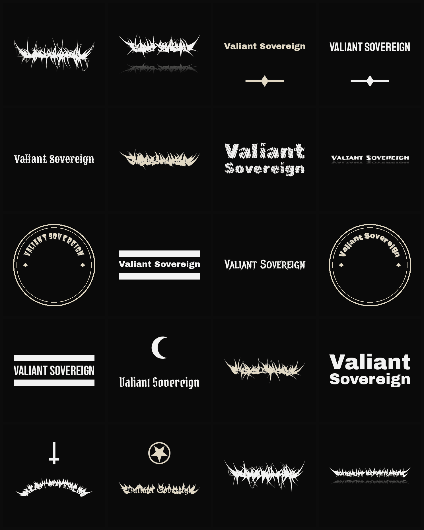 Twenty Valiant Sovereign band logo ideas — different faces, treatments and spike settings