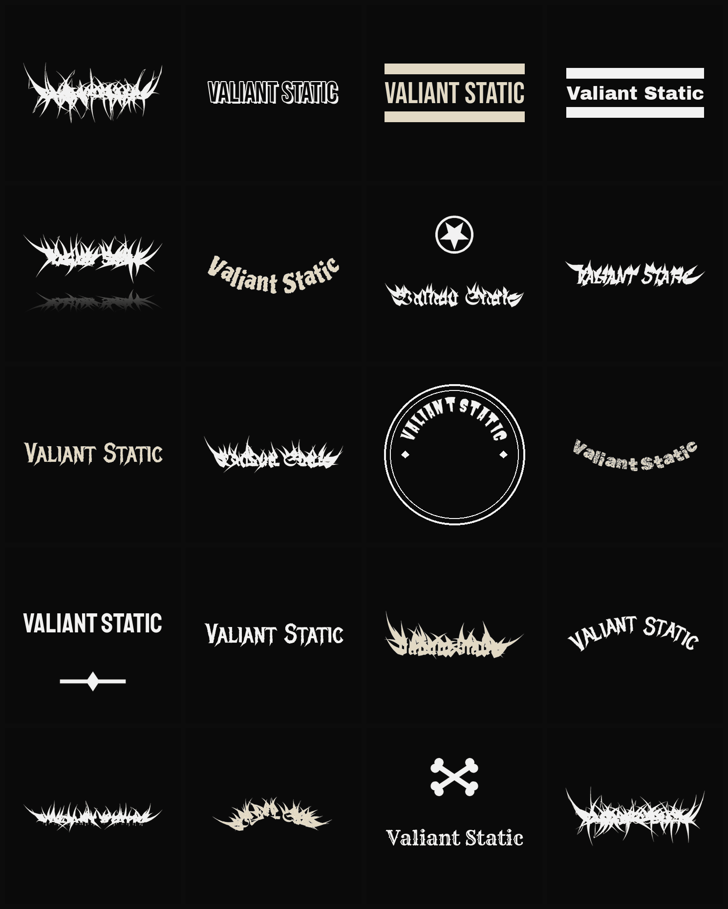 Twenty Valiant Static band logo ideas — different faces, treatments and spike settings