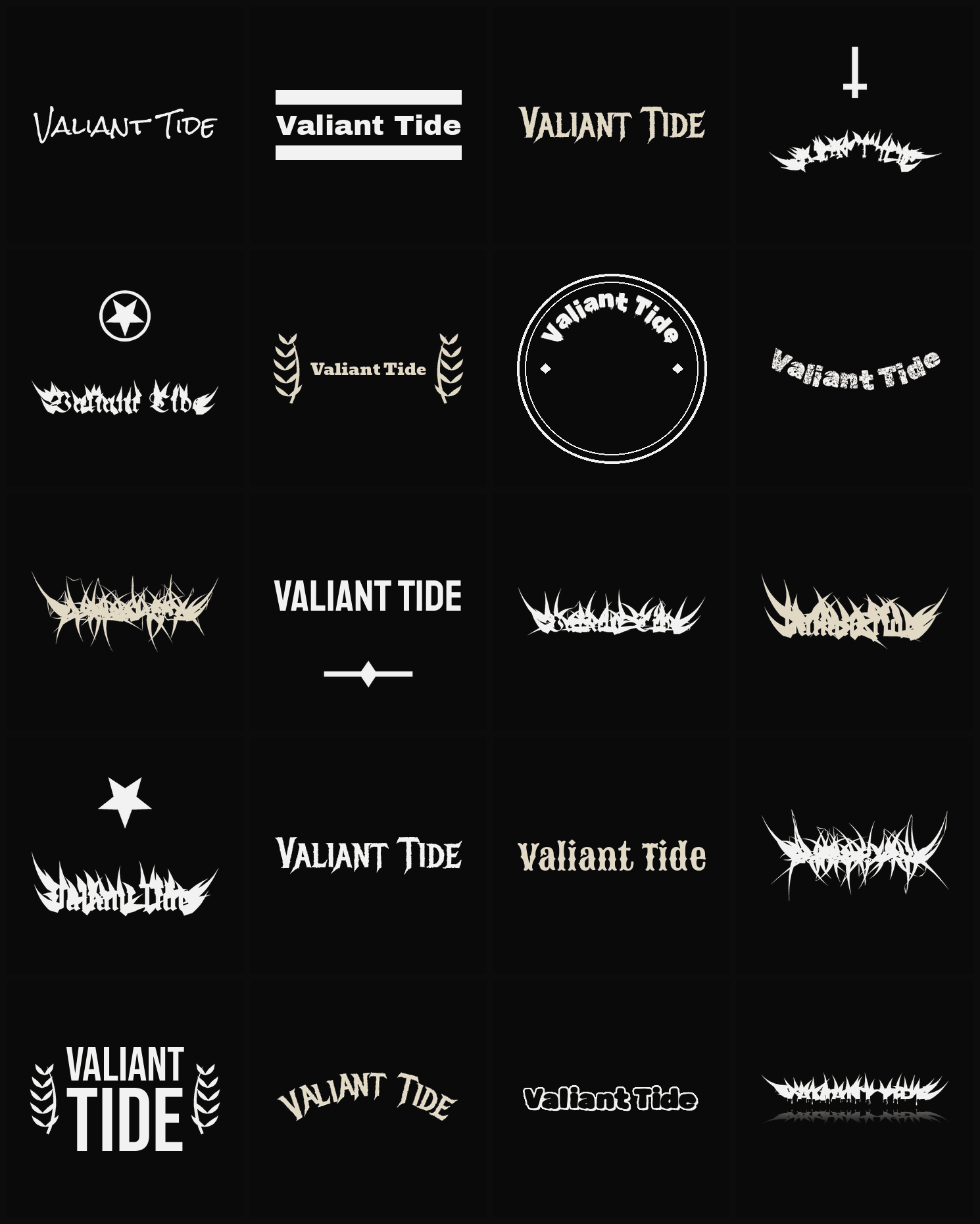 Twenty Valiant Tide band logo ideas — different faces, treatments and spike settings