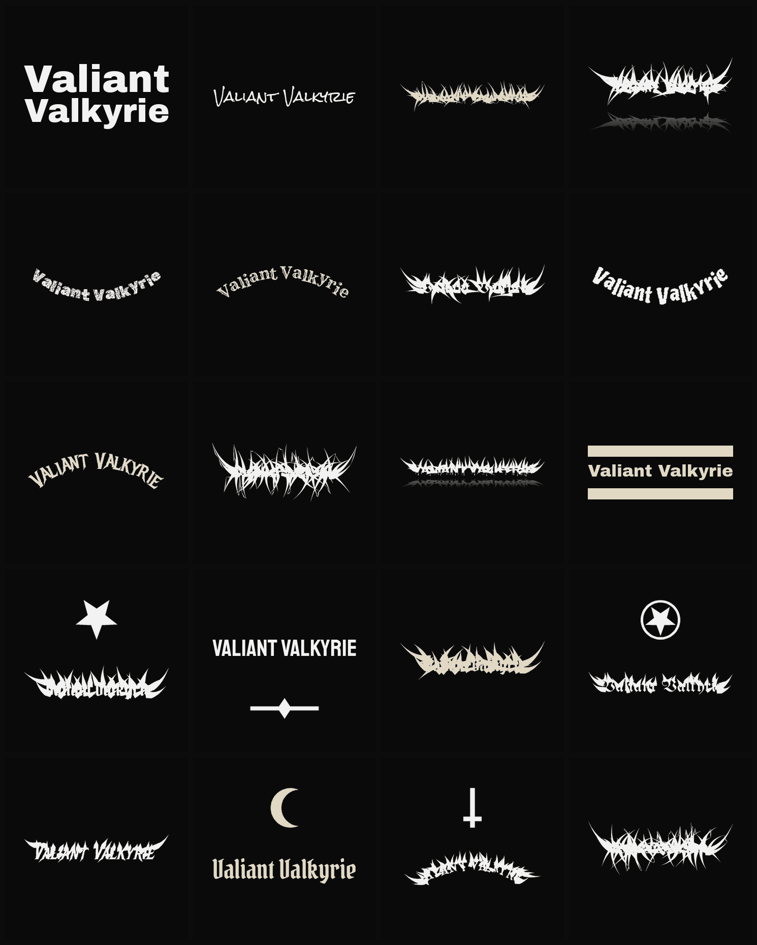 Twenty Valiant Valkyrie band logo ideas — different faces, treatments and spike settings