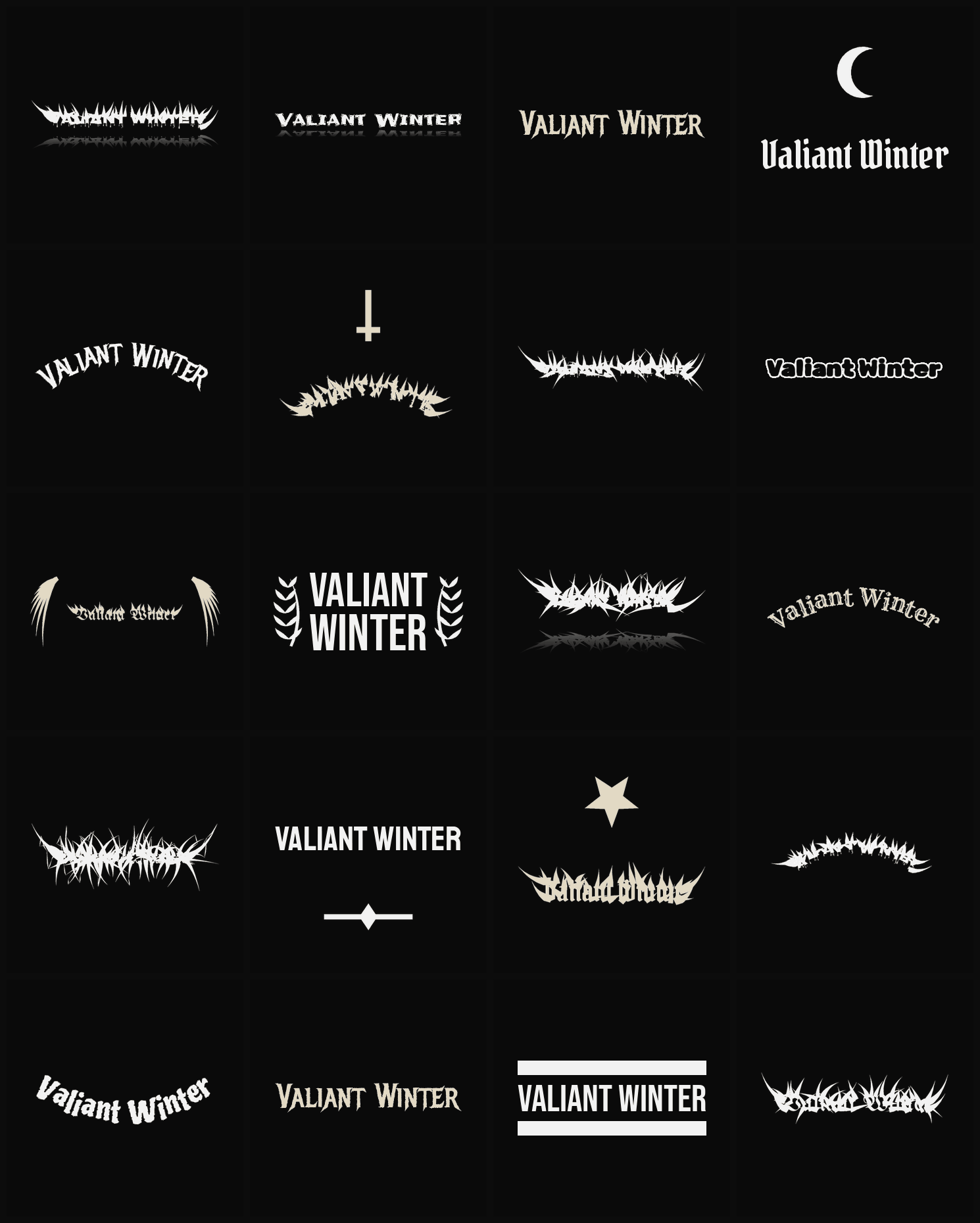 Twenty Valiant Winter band logo ideas — different faces, treatments and spike settings