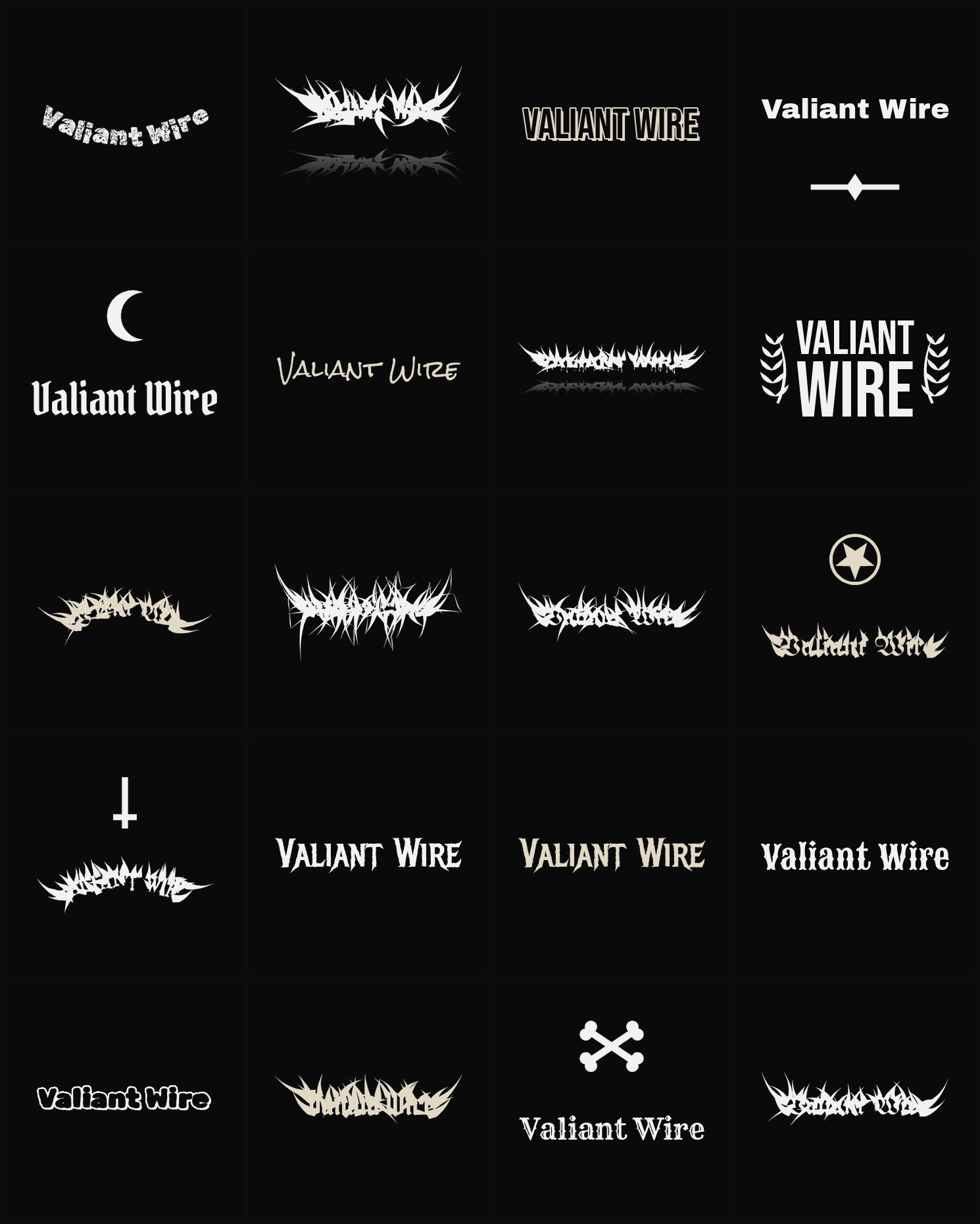 Twenty Valiant Wire band logo ideas — different faces, treatments and spike settings