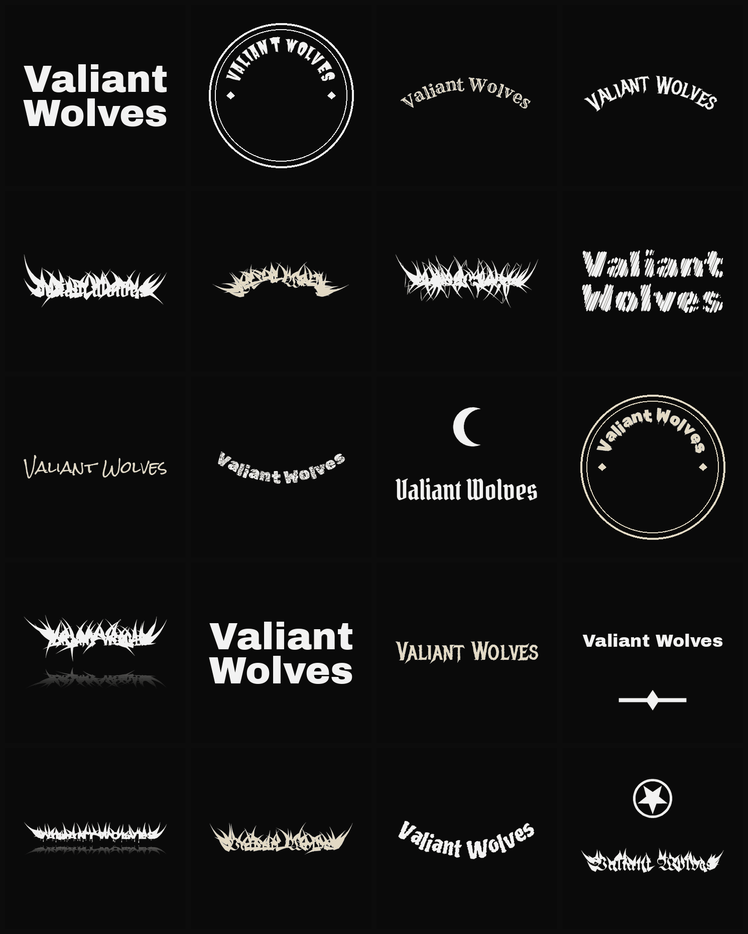 Twenty Valiant Wolves band logo ideas — different faces, treatments and spike settings